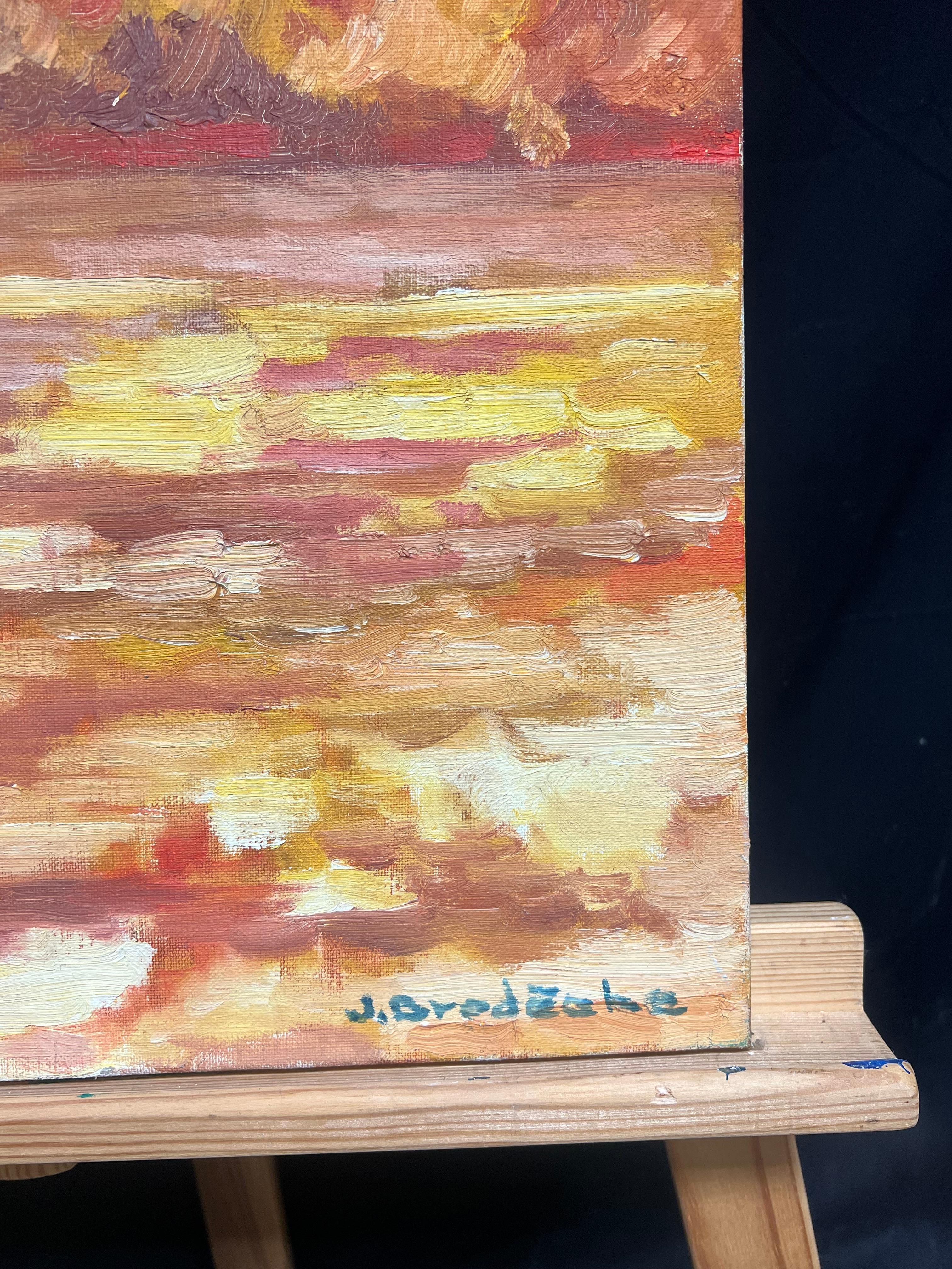 Lebendiger Sonnenuntergang über Wasser Rot Orange Gelb Impressionist Ölgemälde 1970er Jahre (Beige), Abstract Painting, von French School