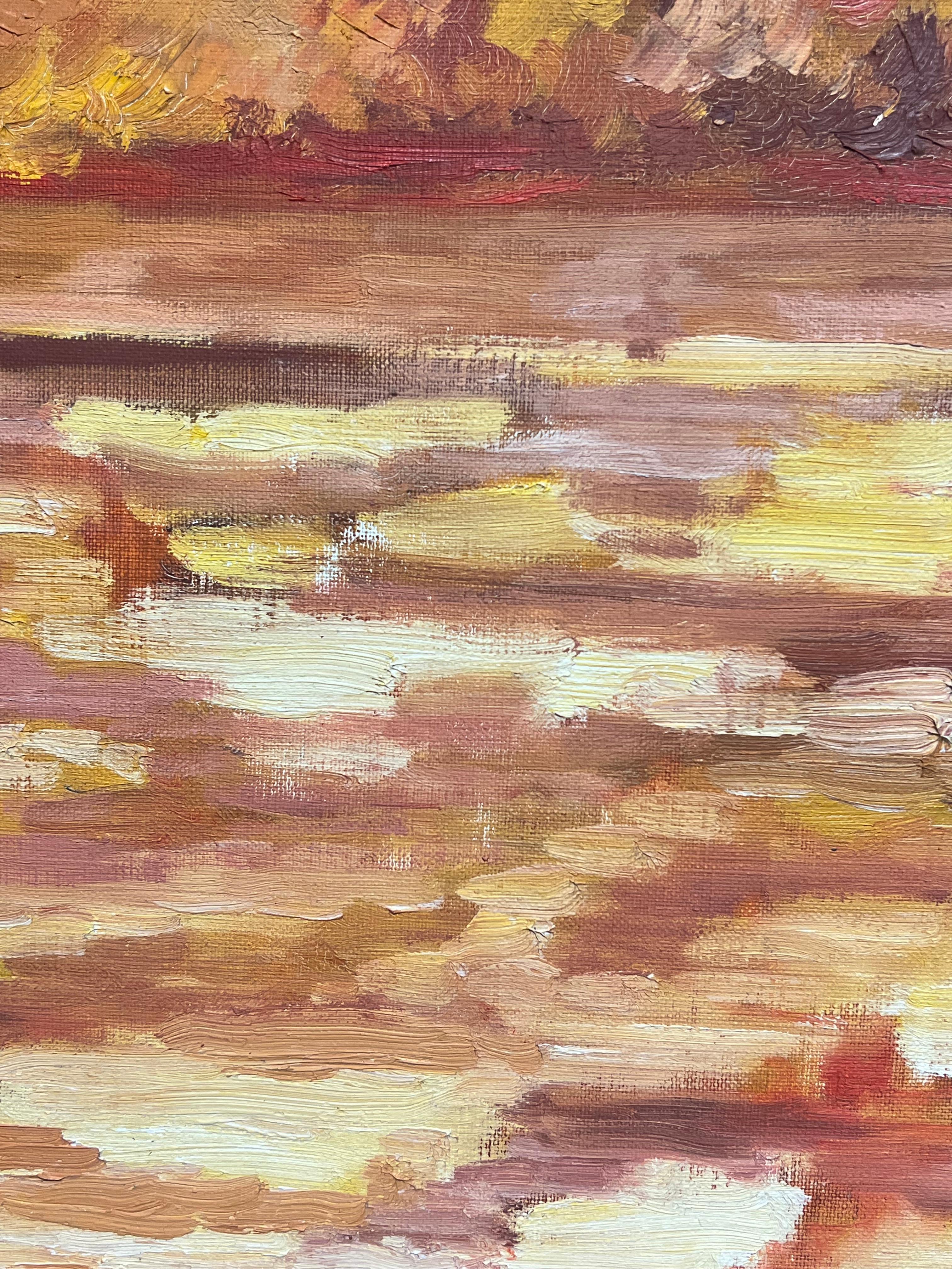 Lebendiger Sonnenuntergang über Wasser Rot Orange Gelb Impressionist Ölgemälde 1970er Jahre im Angebot 1