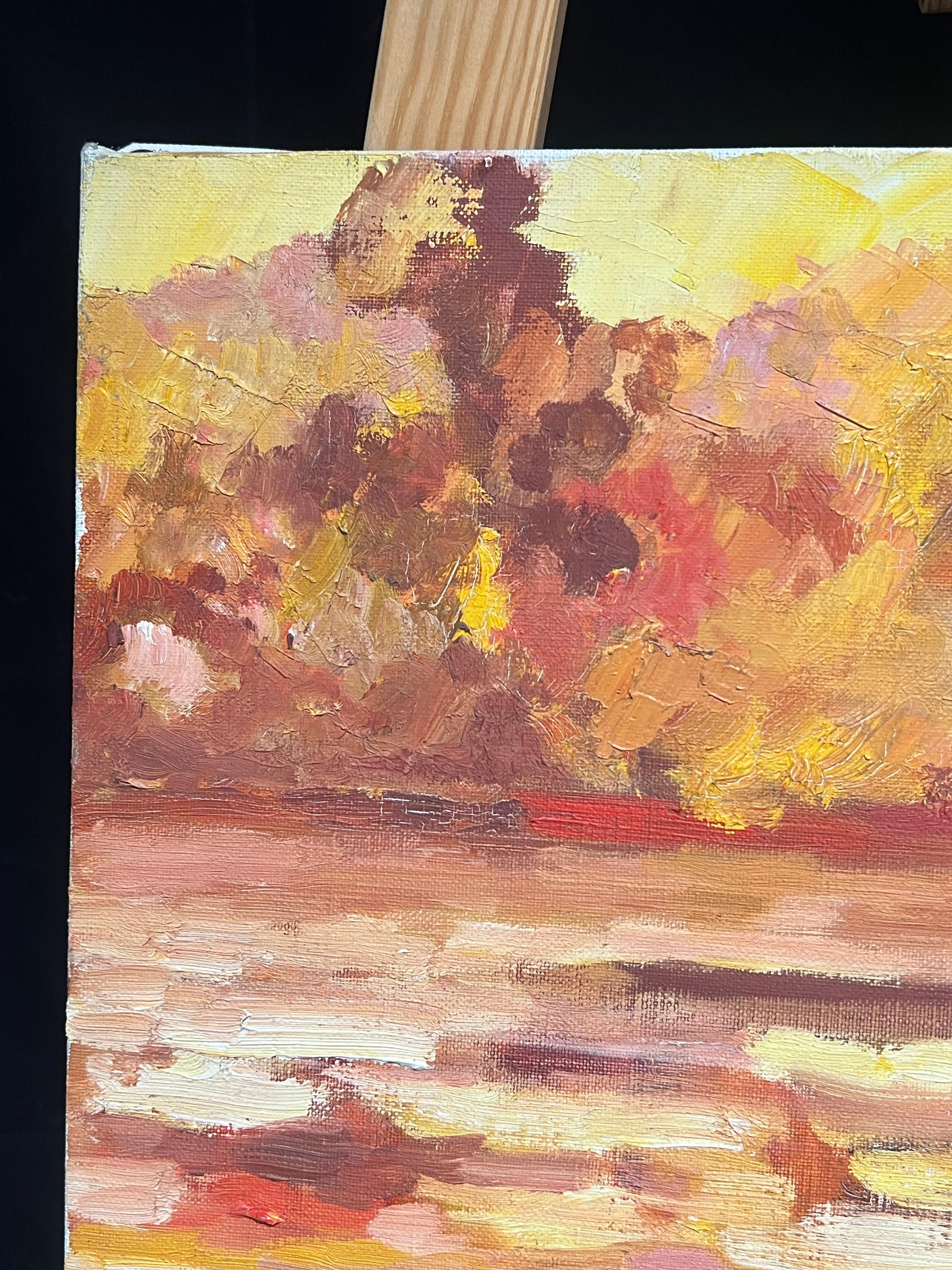 Lebendiger Sonnenuntergang über Wasser Rot Orange Gelb Impressionist Ölgemälde 1970er Jahre im Angebot 2