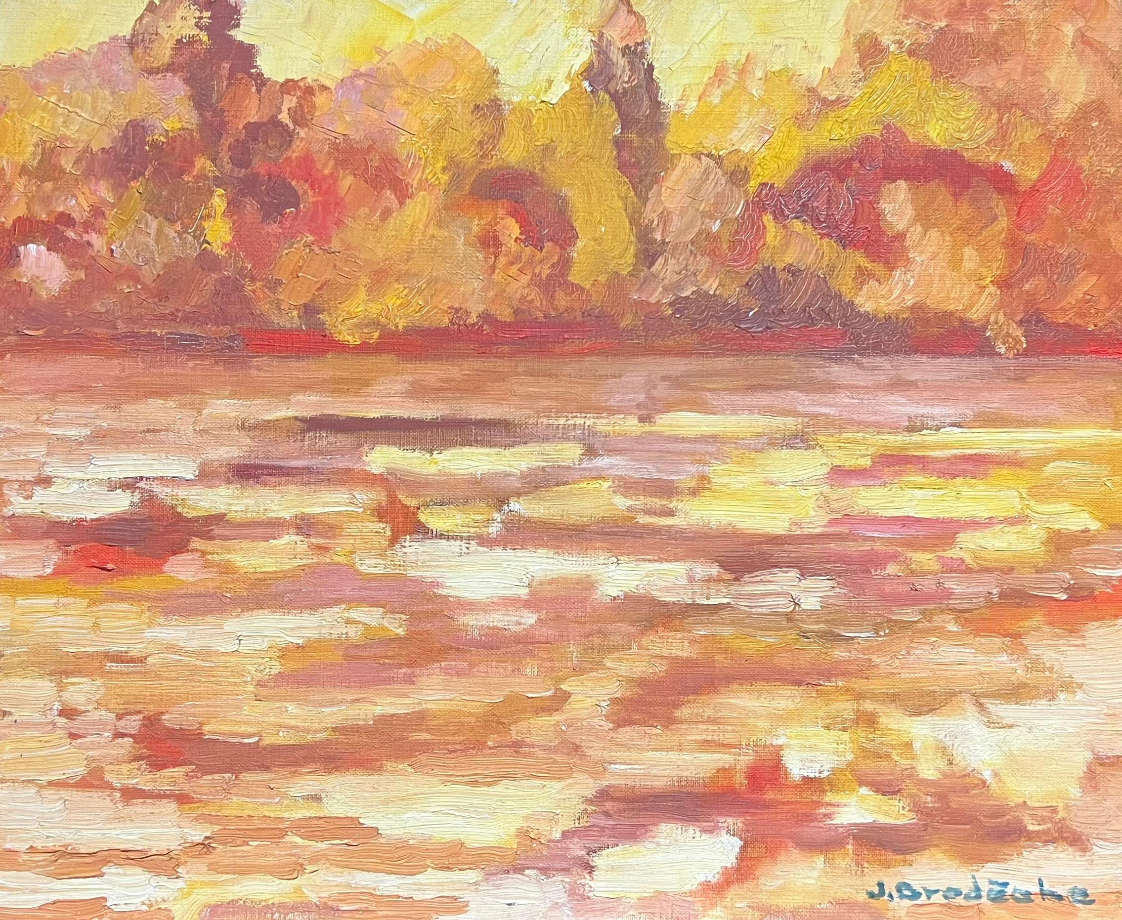 French School Abstract Painting – Lebendiger Sonnenuntergang über Wasser Rot Orange Gelb Impressionist Ölgemälde 1970er Jahre
