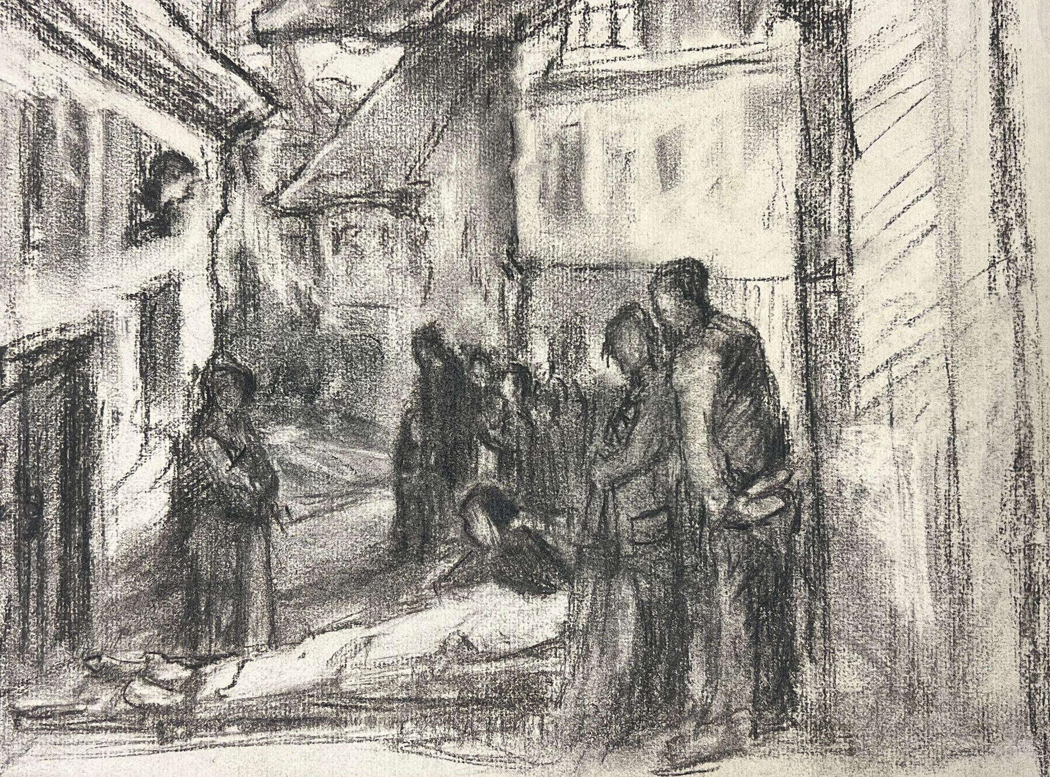 Dibujo a carboncillo de una pintoresca escena callejera europea con figuras - Painting Impresionista de French School