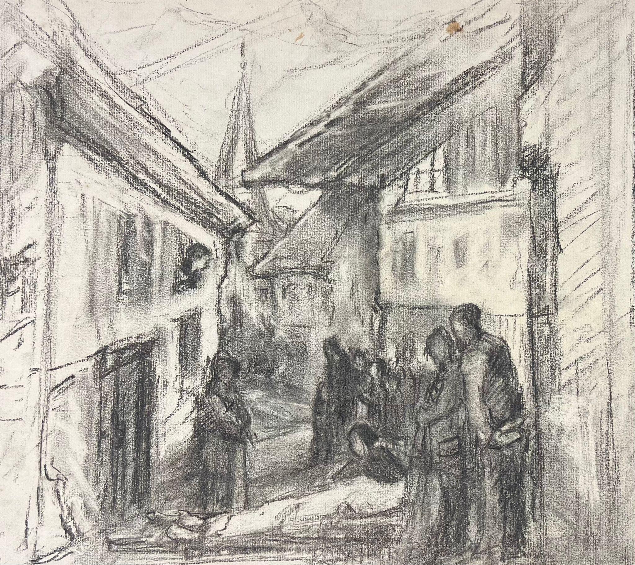 Dibujo a carboncillo de una pintoresca escena callejera europea con figuras en venta 1