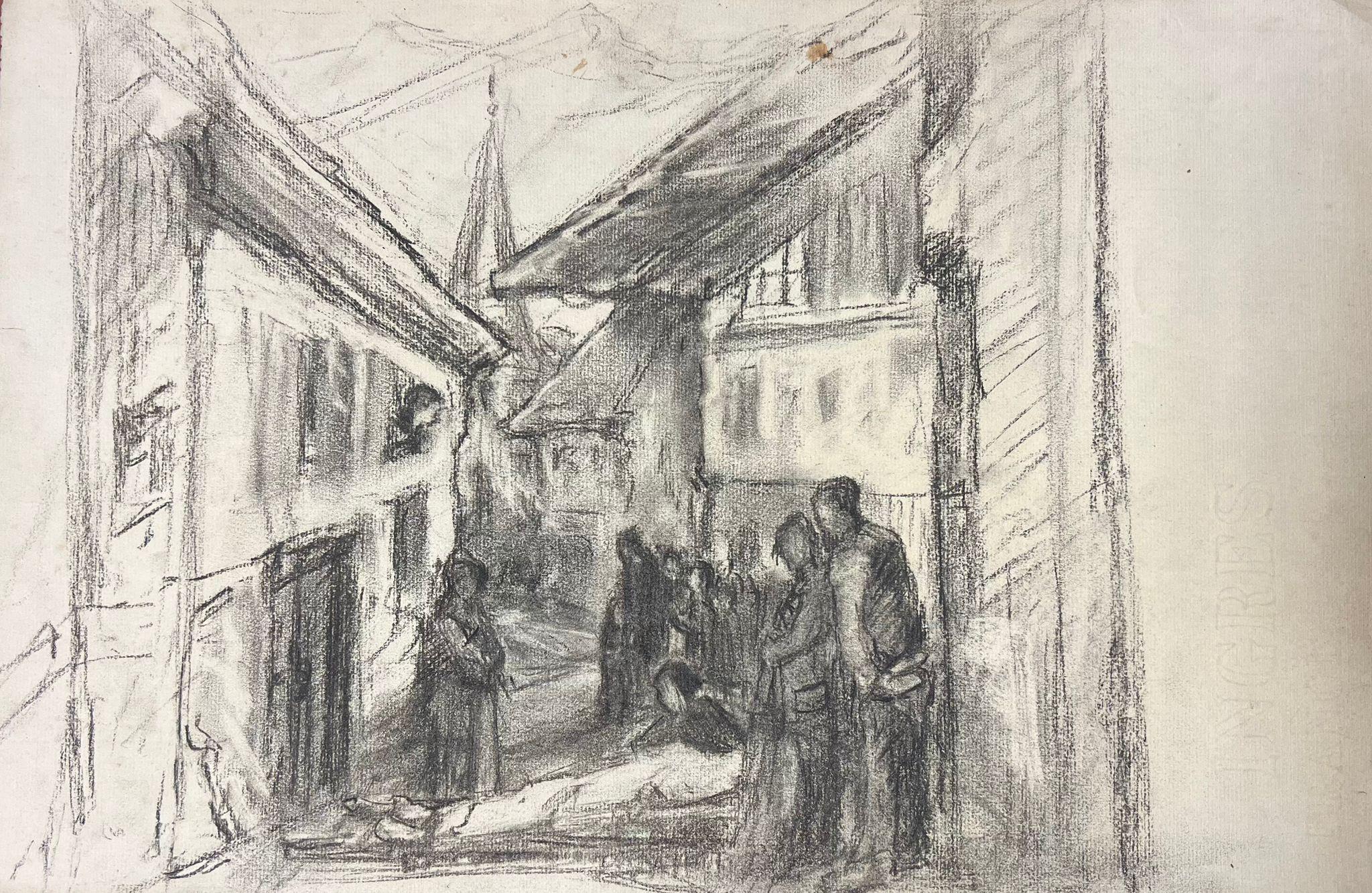 Figurative Painting de French School - Dibujo a carboncillo de una pintoresca escena callejera europea con figuras