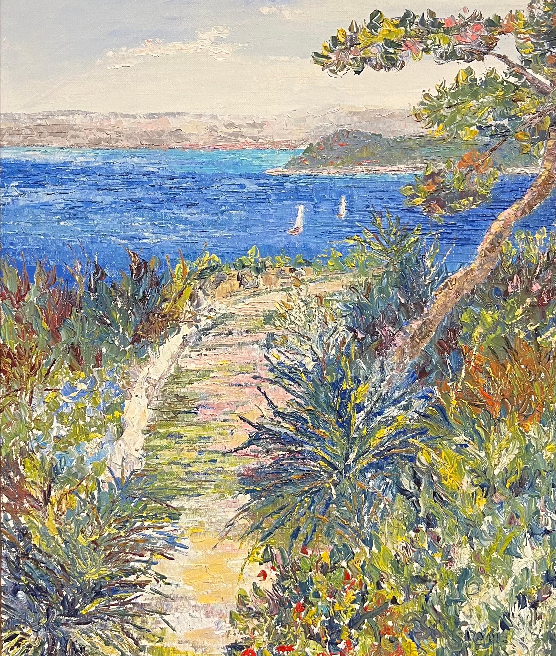 Villefranche France Mediterranean Coastal View Rocky Path Bright Blue Frame - Painting by French School
