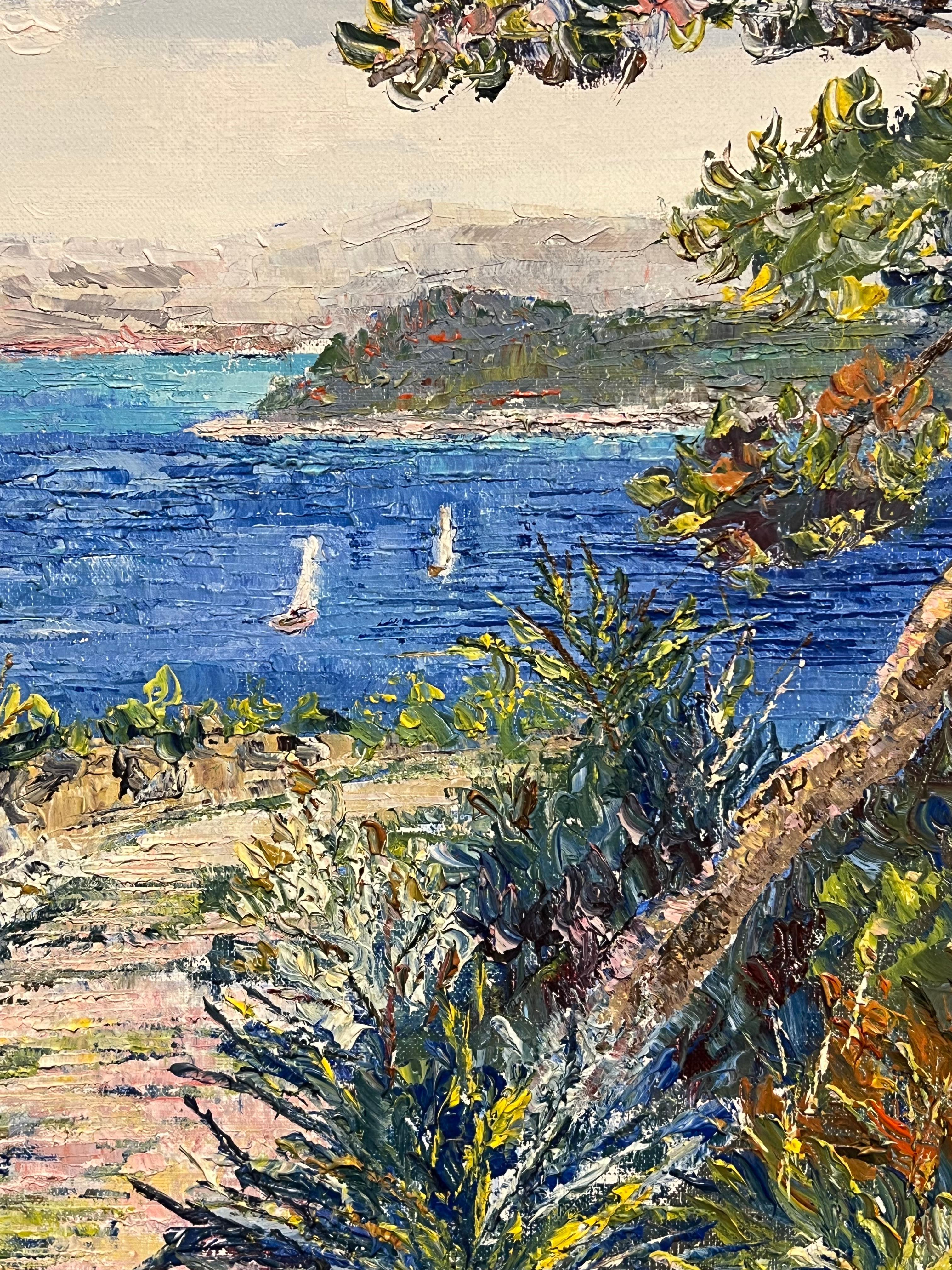 Villefranche France Mediterranean Coastal View Rocky Path Bright Blue Frame - Post-Impressionist Painting by French School