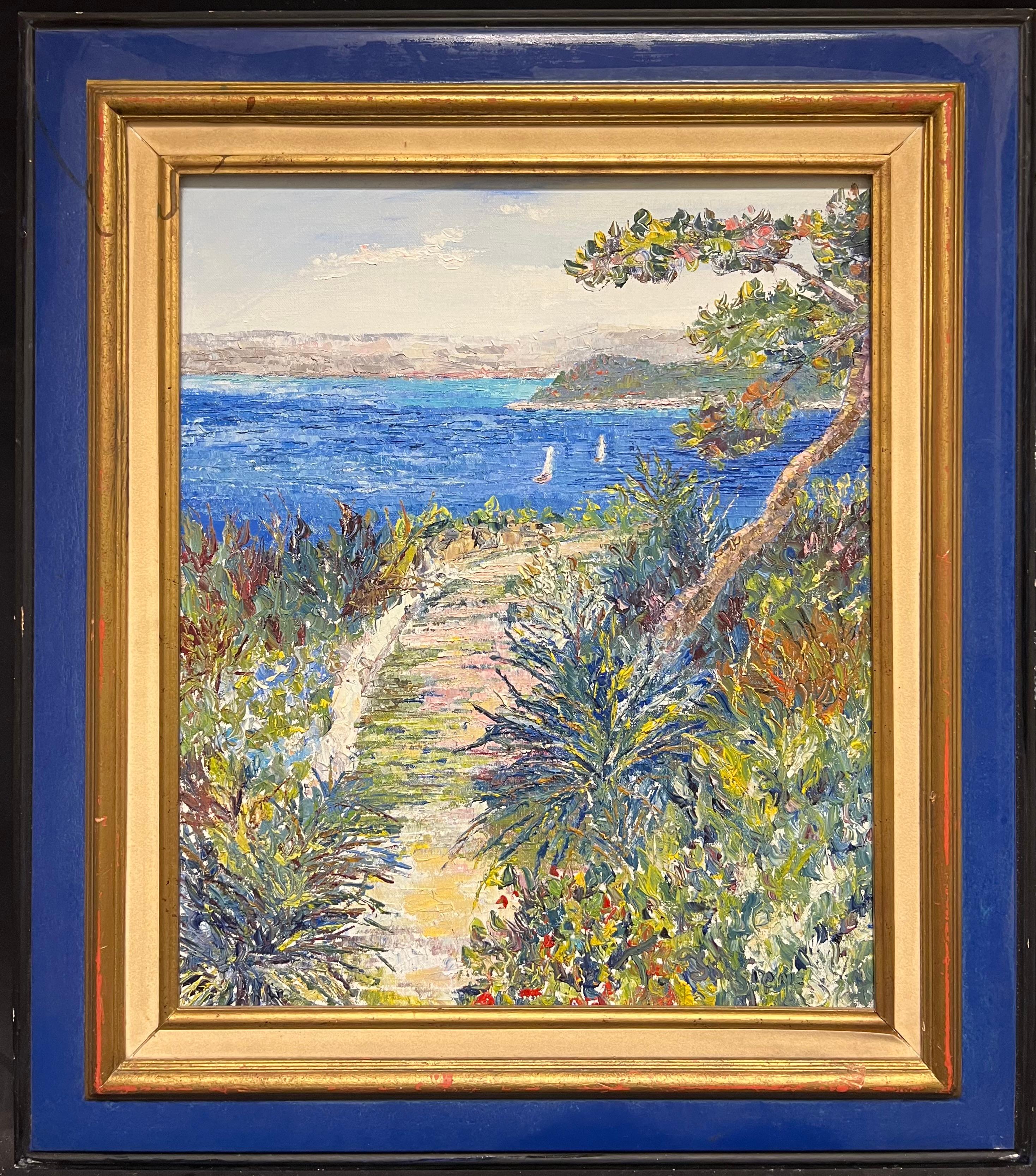 French School Landscape Painting - Villefranche France Mediterranean Coastal View Rocky Path Bright Blue Frame