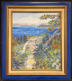 Vintage Villefranche France Mediterranean Coastal View Rocky Path Bright Blue Frame
