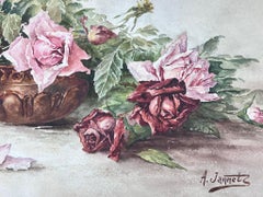 Vintage Antique French Painting Still Life Roses next to Bowl