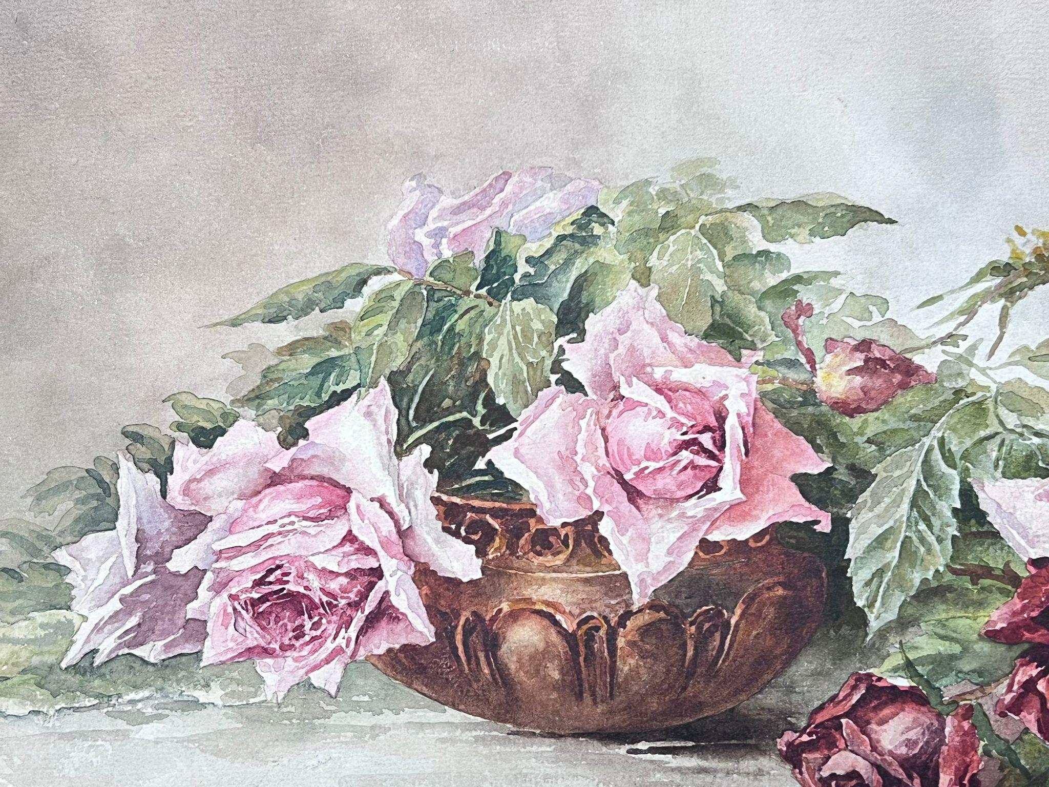 Vintage Antique French Painting Still Life Roses next to Bowl For Sale 1