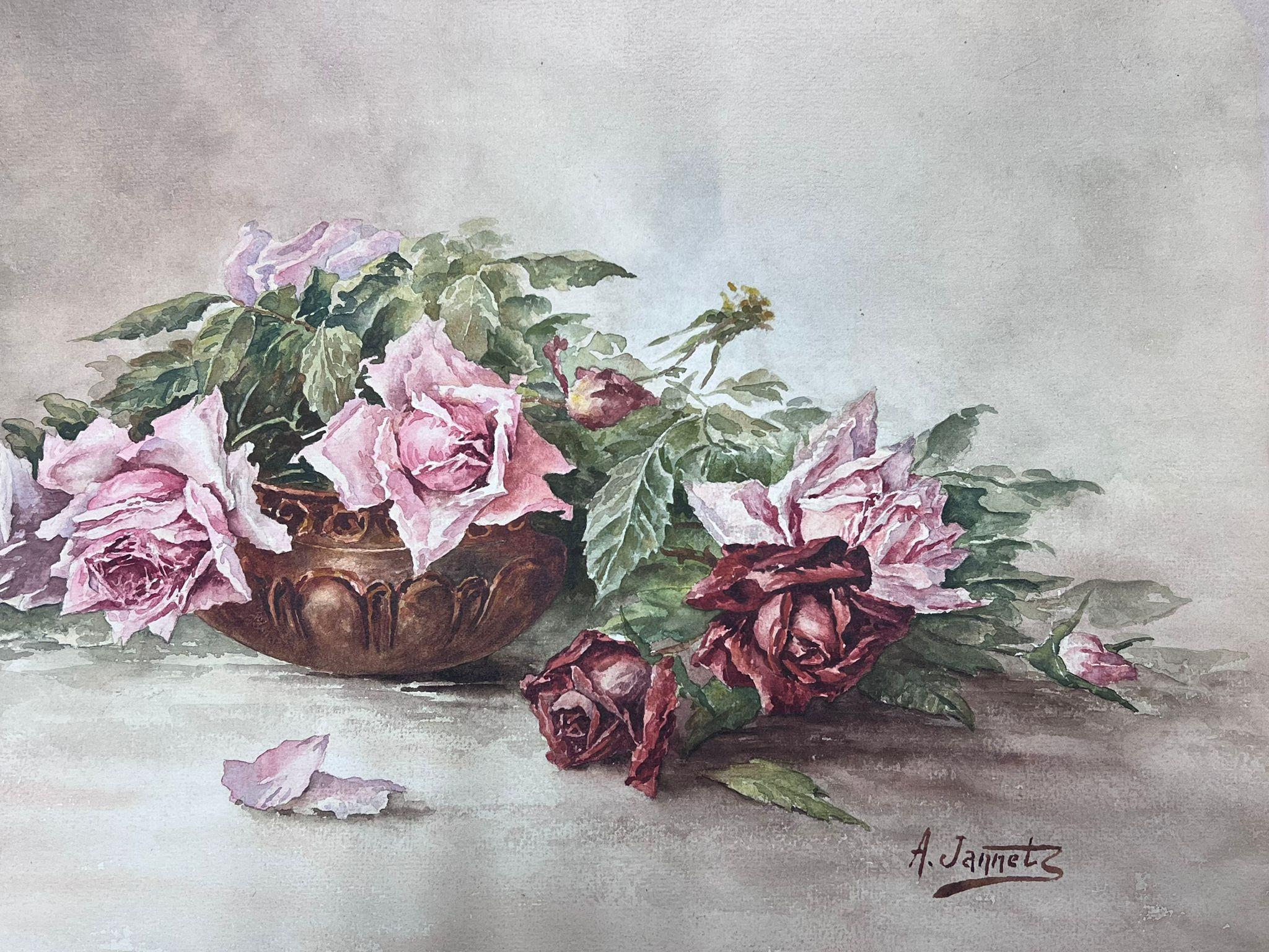 Vintage Antique French Painting Still Life Roses next to Bowl For Sale 2
