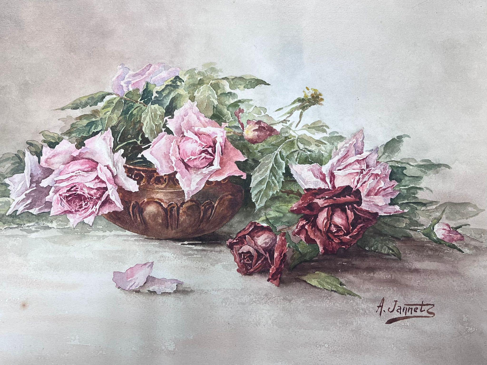 Vintage Antique French Painting Still Life Roses next to Bowl For Sale 3