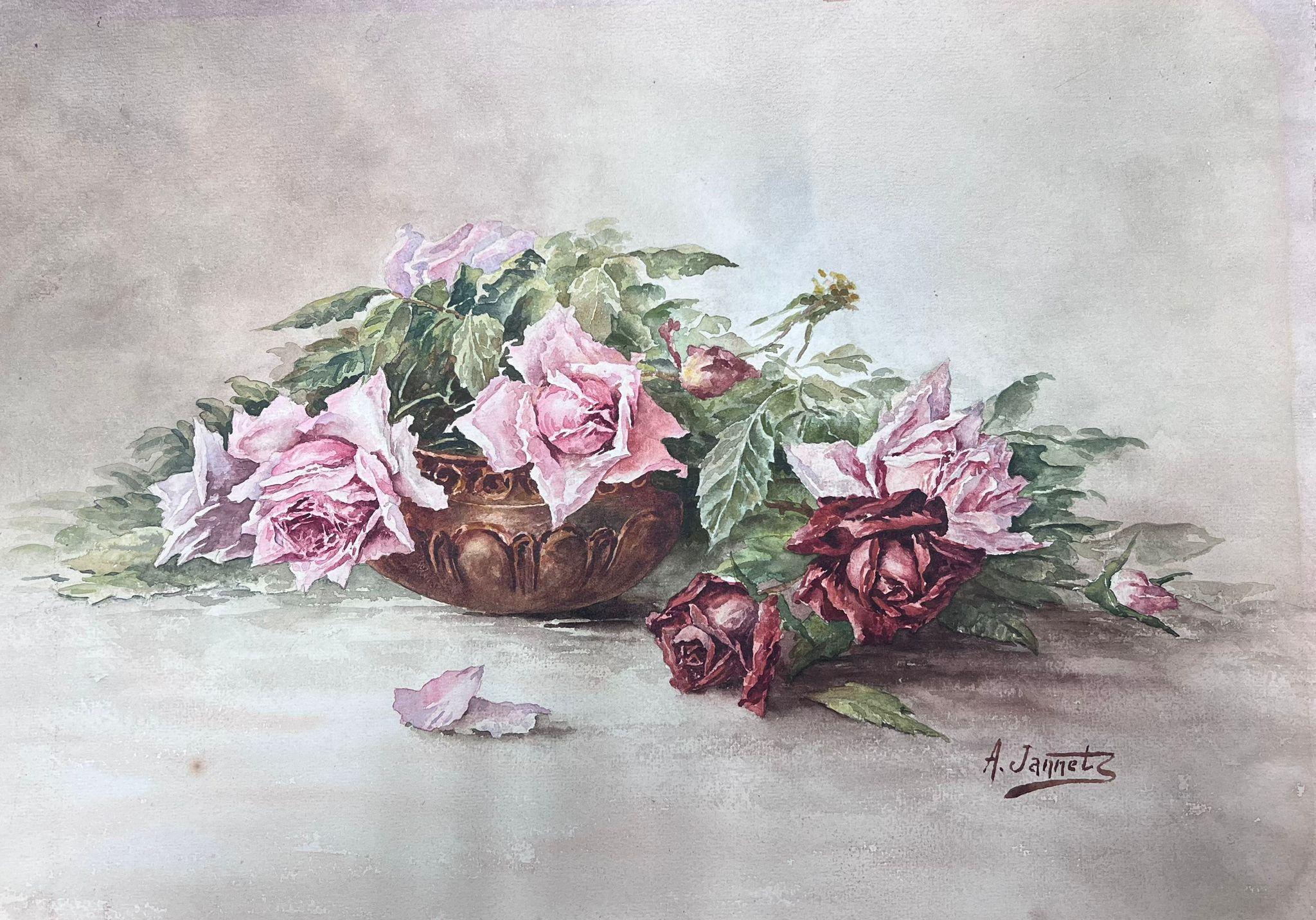 French School Interior Painting - Vintage Antique French Painting Still Life Roses next to Bowl