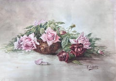 Vintage Antiquities Peinture française Nature morte Roses à côté d'un bol