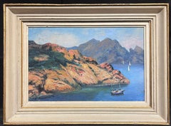 French School - Vintage European Signed Oil Sailing Boats Mediterranean Islands at Sea, 1950
s Vintage European Signed Oil Sailing Boats Mediterranean Islands at Sea, 1950
s