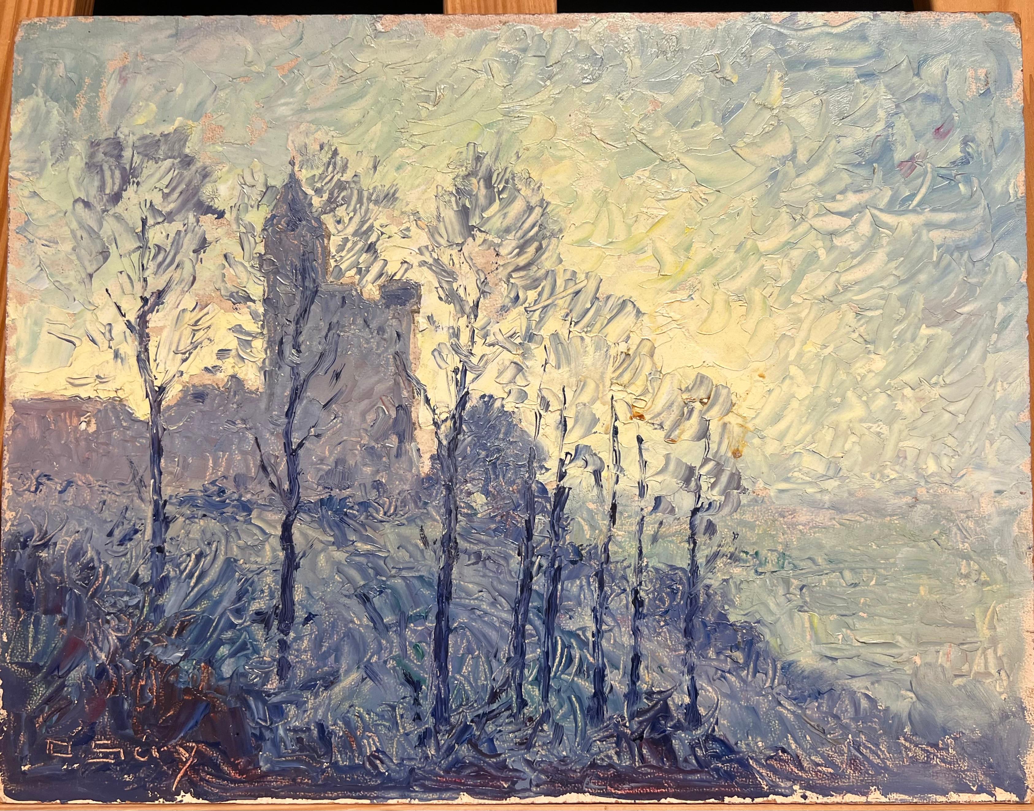 Vintage Impressionista francese Olio Paesaggio Castello Silhouette Alberi spogli all'alba - Painting di French School