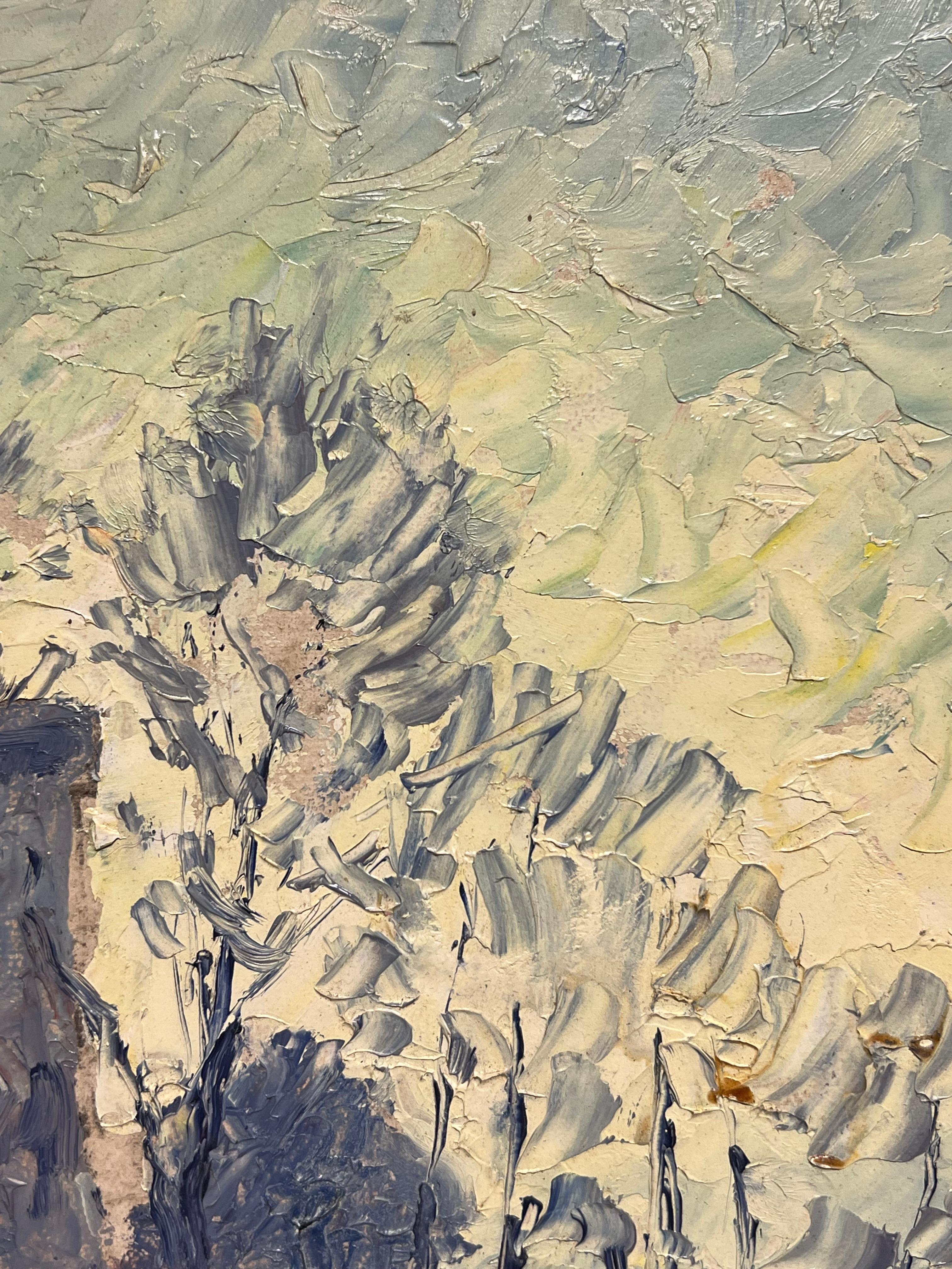 Vintage Impressionista francese Olio Paesaggio Castello Silhouette Alberi spogli all'alba - Abstract Painting Marrone di French School