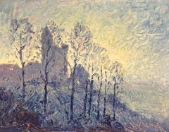 Óleo Impresionista Francés Vintage Paisaje Castillo Silueta Árboles Desnudos al Amanecer
