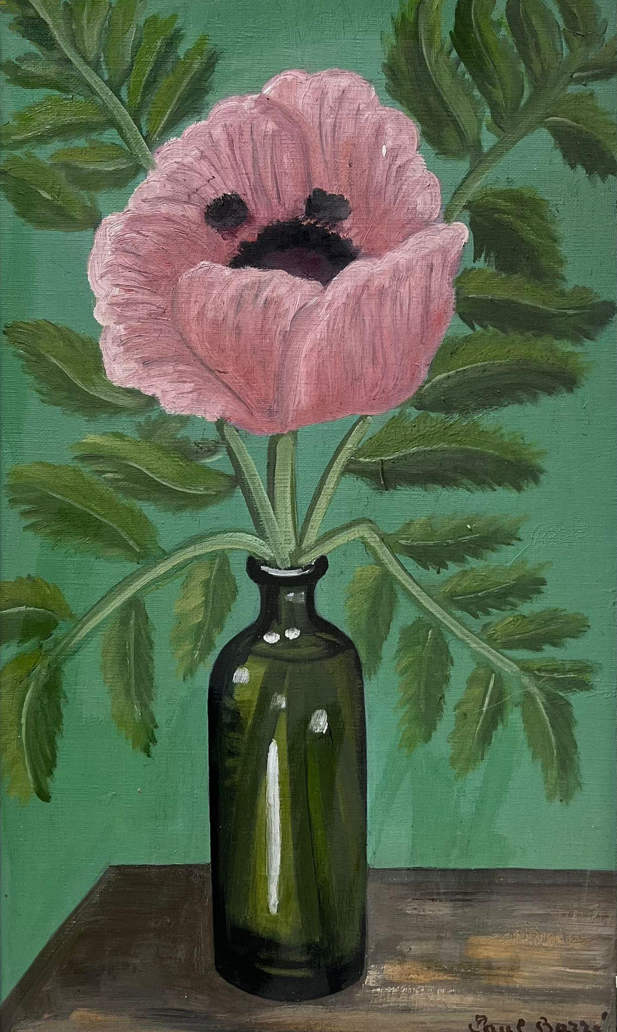 Vieille huile impressionniste française, pivoine rose dans un verre vert bouteille originale - Painting de French School
