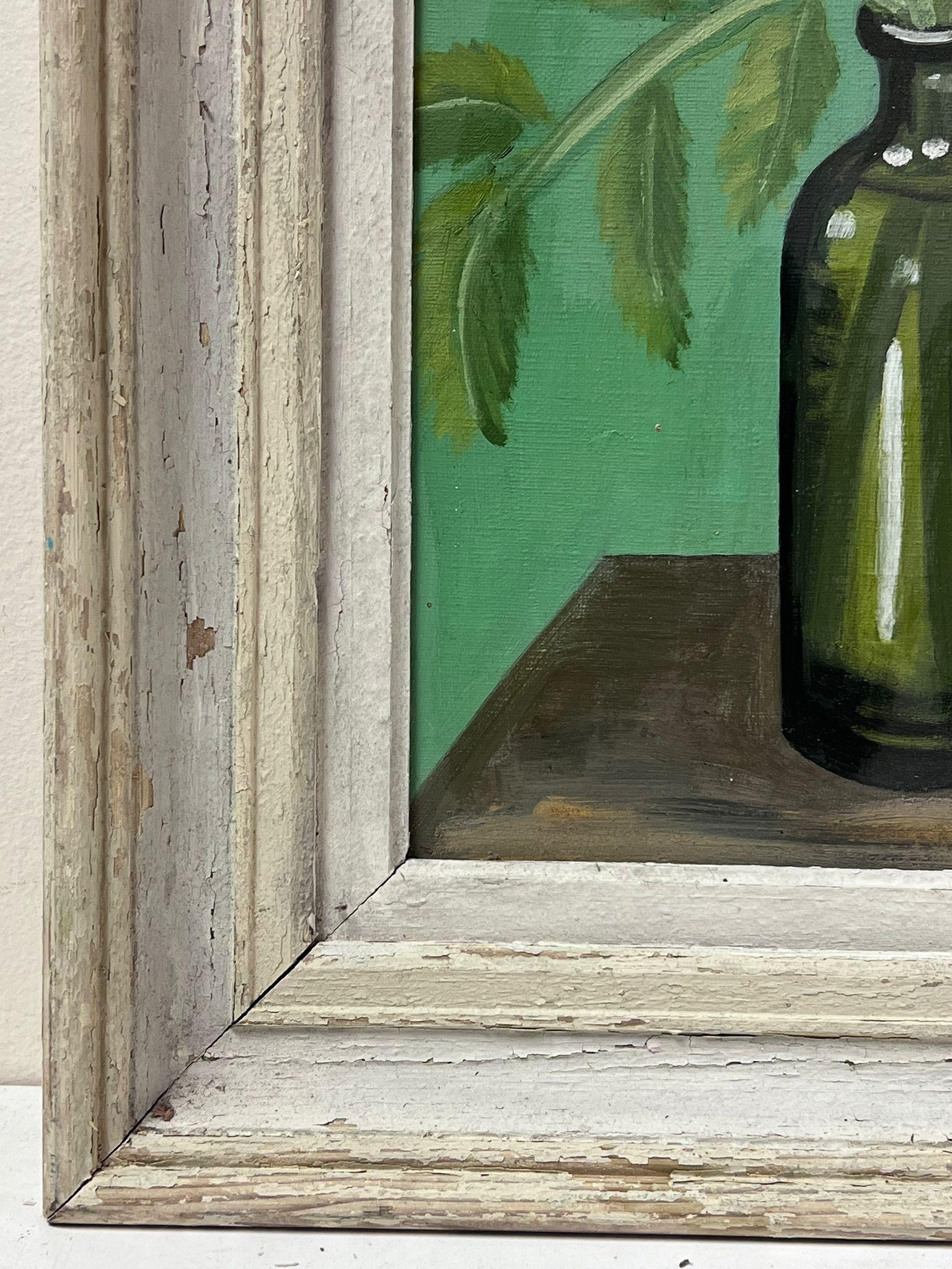 Vintage Französisch Impressionist Öl Rosa Pfingstrose In Glas Grün Flasche original (Moderne), Painting, von French School