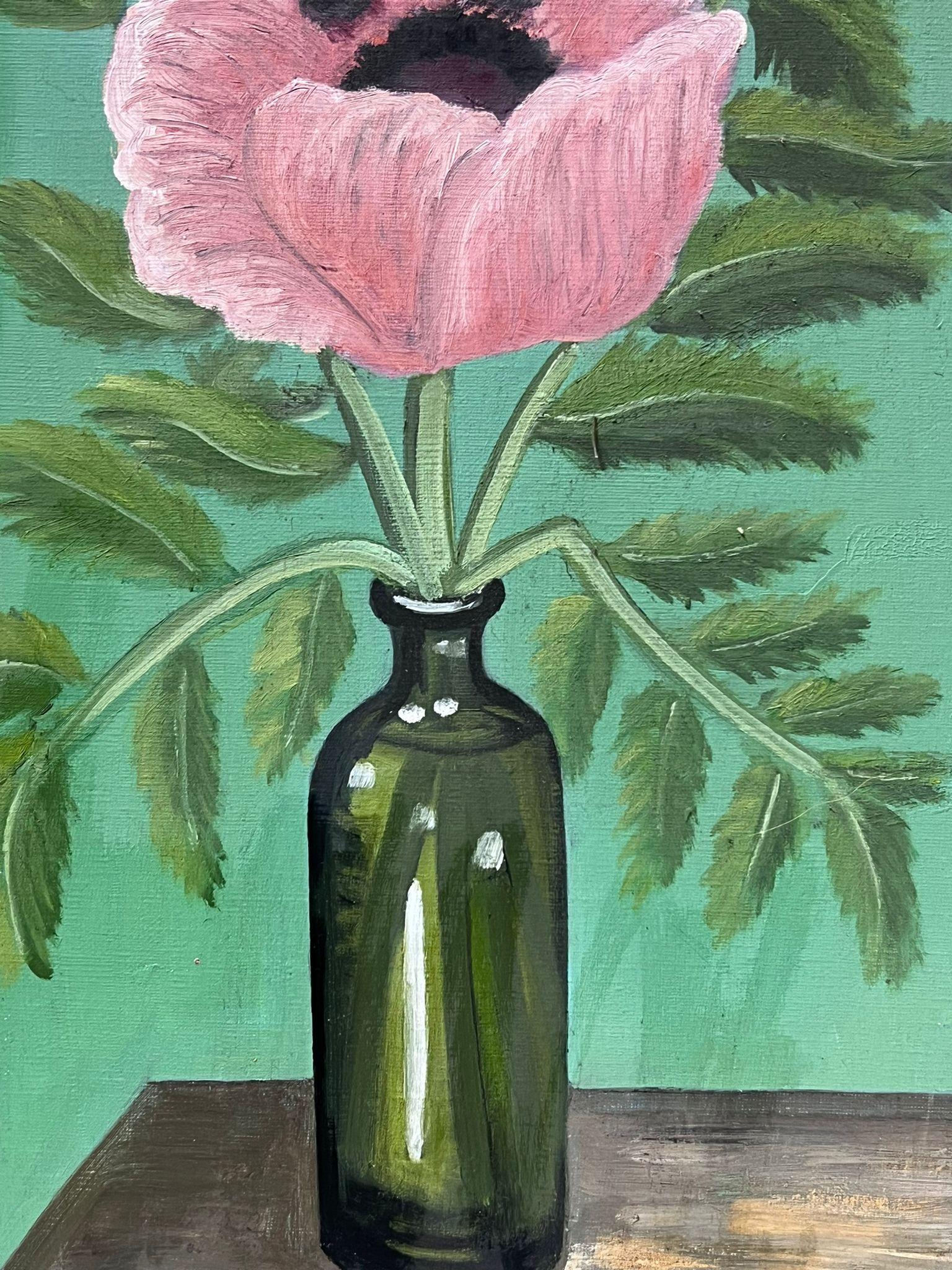 Vintage French Impressionist Oil Pink Peony In Glass Green Bottle original For Sale 1