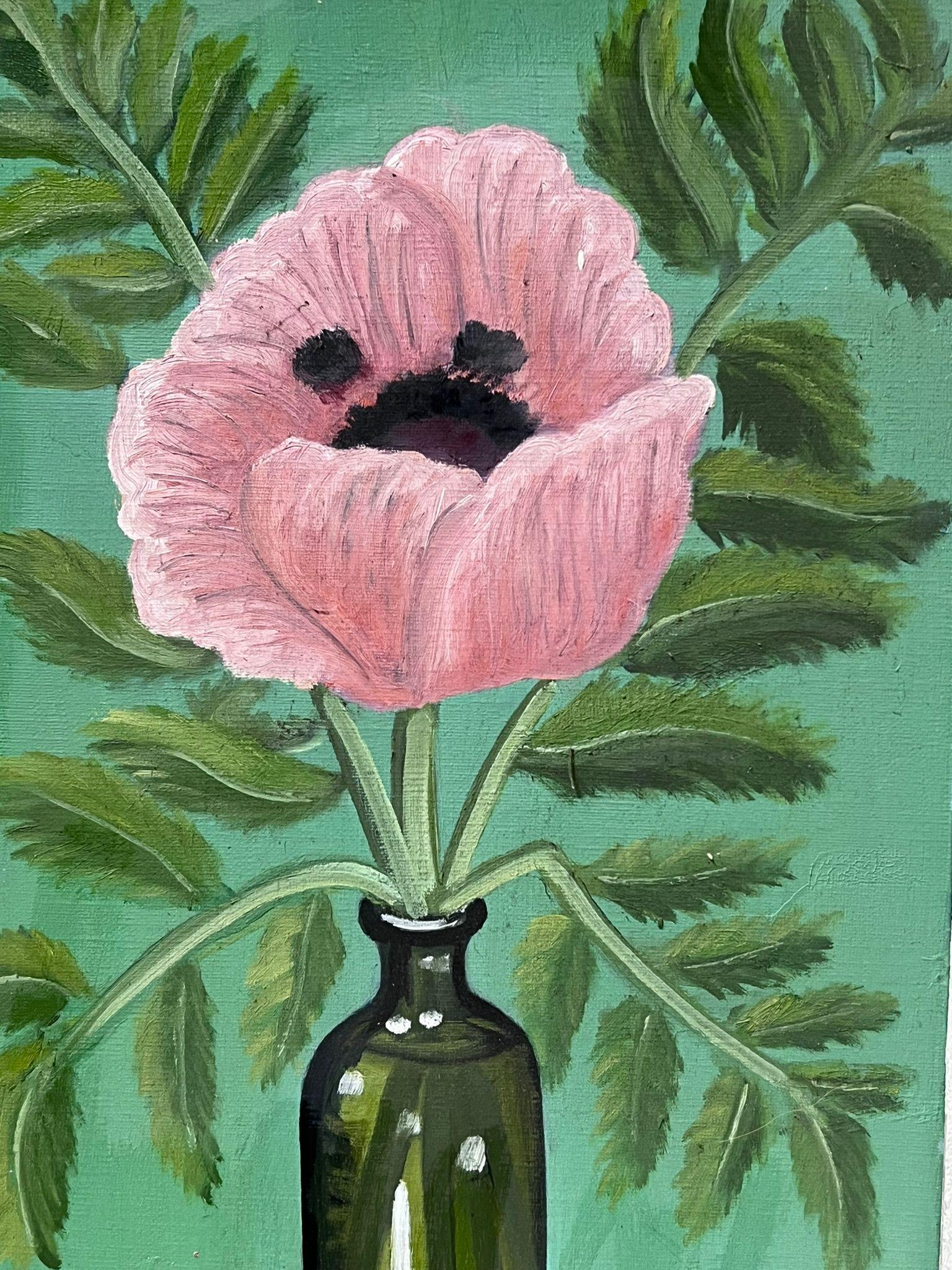 Vintage French Impressionist Oil Pink Peony In Glass Green Bottle original For Sale 2