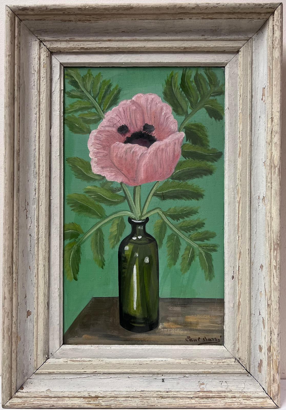Still-Life Painting French School - Vieille huile impressionniste française, pivoine rose dans un verre vert bouteille originale