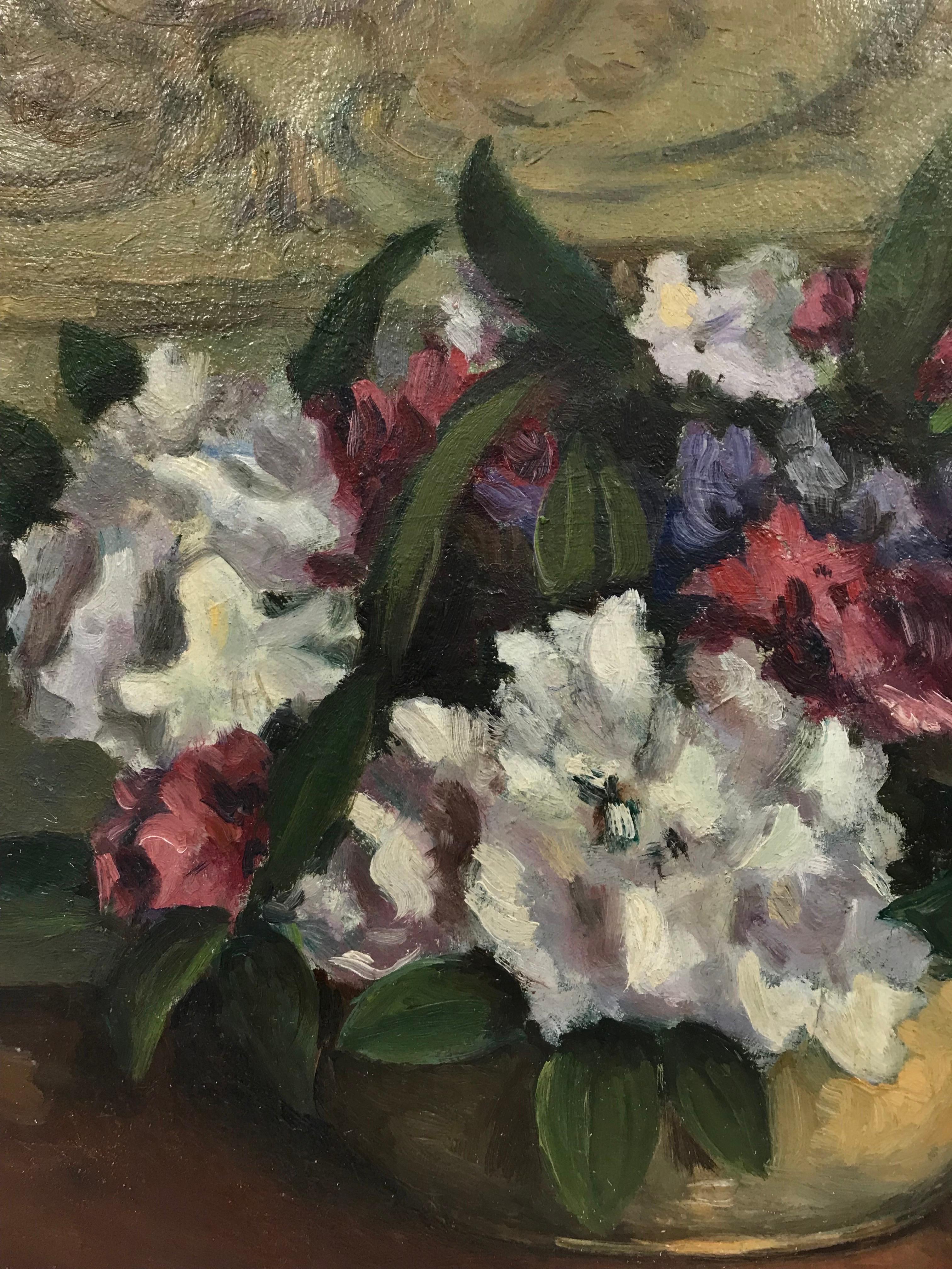 Vintage French Mid 20th Century French Oil - Flowers in Beautiful Interior Room - Impressionist Painting by French School
