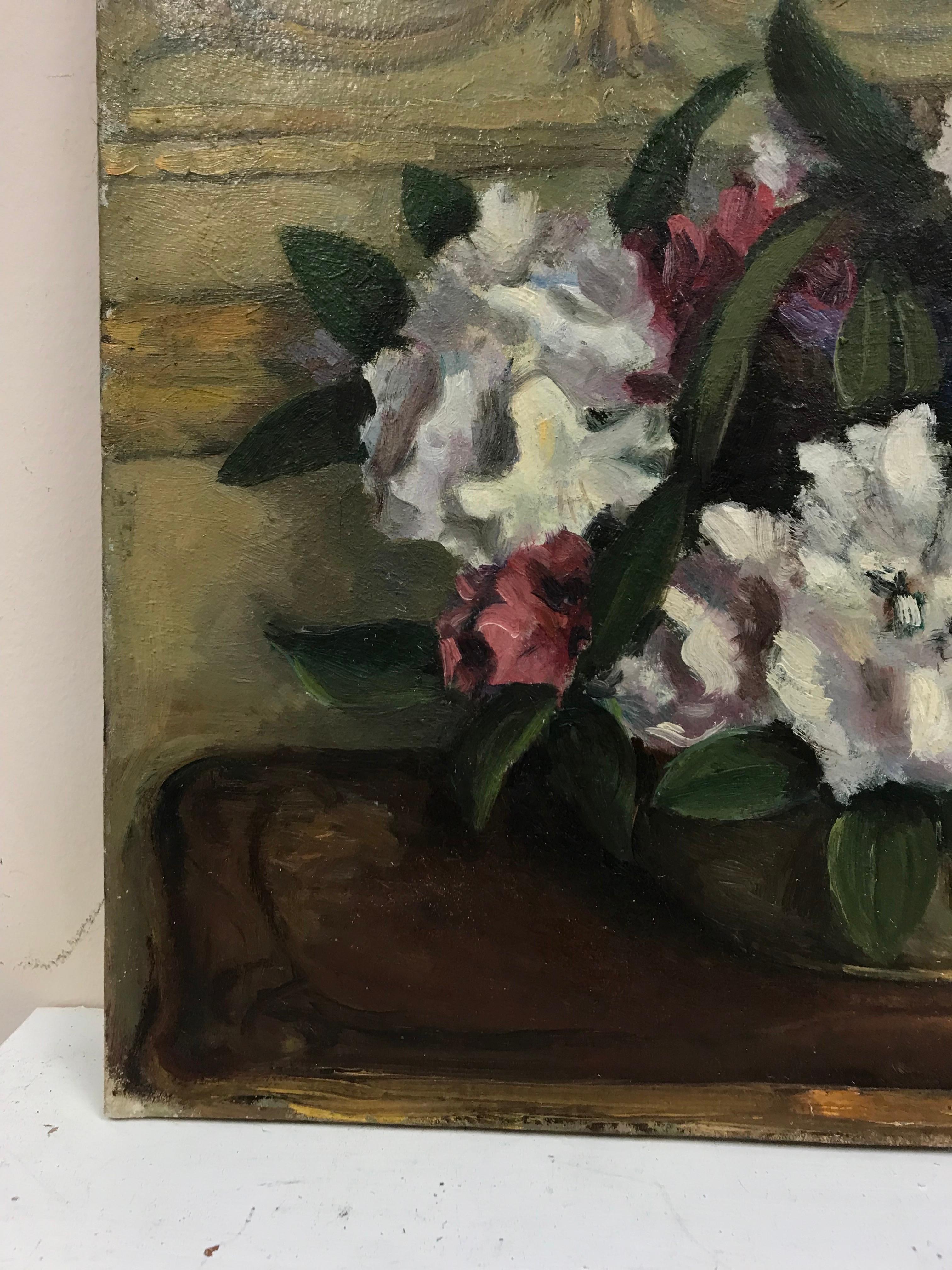 Vintage French Mid 20th Century French Oil - Flowers in Beautiful Interior Room - Gray Interior Painting by French School