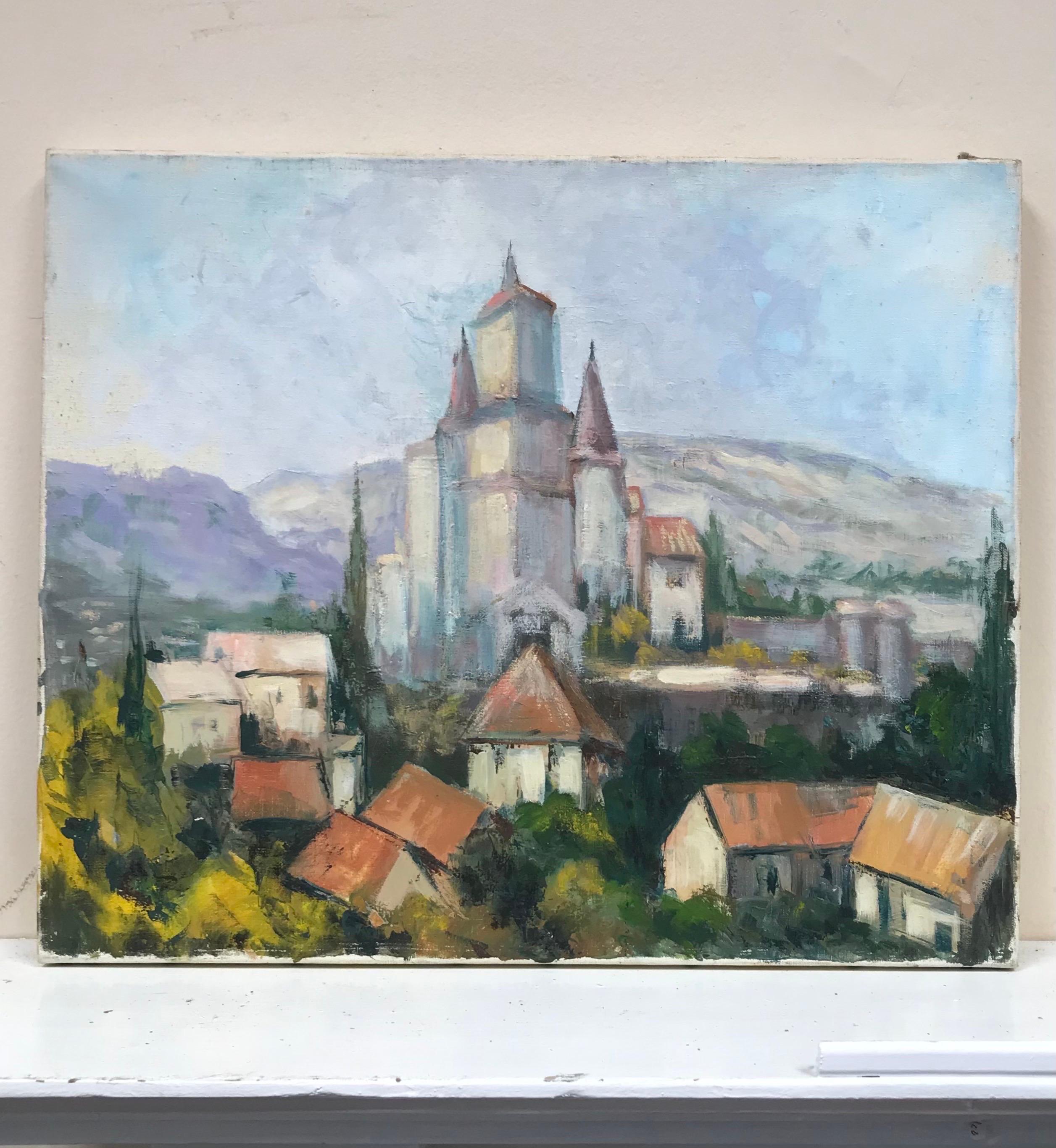 Vintage French mid 20th Century Óleo Castillo Chateau con vistas a paisaje y ciudad - Painting de French School