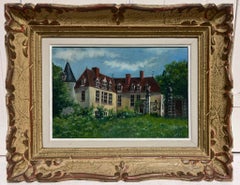 Vintage French Oil Painting Chateau in Gardens in Original Vintage Frame