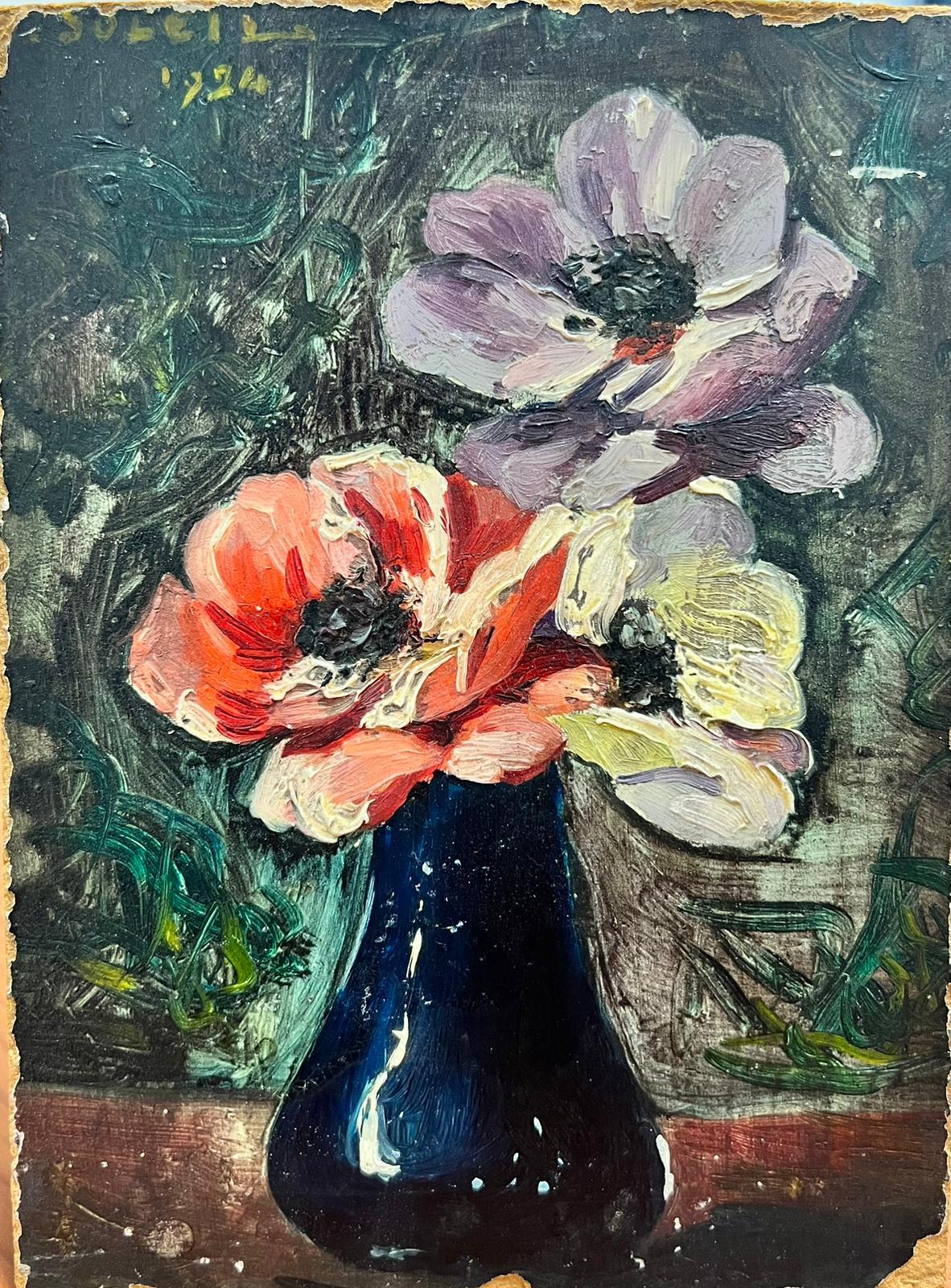 Nature morte à l'huile française Vintage Fleurs dans un vase 1920 Signé Painting 
