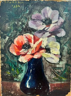 Vintage French Oil Still Life Flowers in Vase 1920’s Signed Painting 