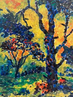 Vintage French Post-Impressionist Pointillist Oil Painting Woodland Trees Light