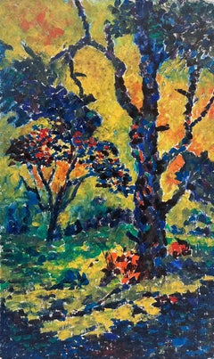 Retro French Post-Impressionist Pointillist Oil Painting Woodland Trees Light