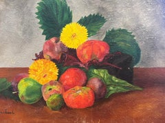 Vintage French Signed Oil Painting Flowers & Fruit Still Life