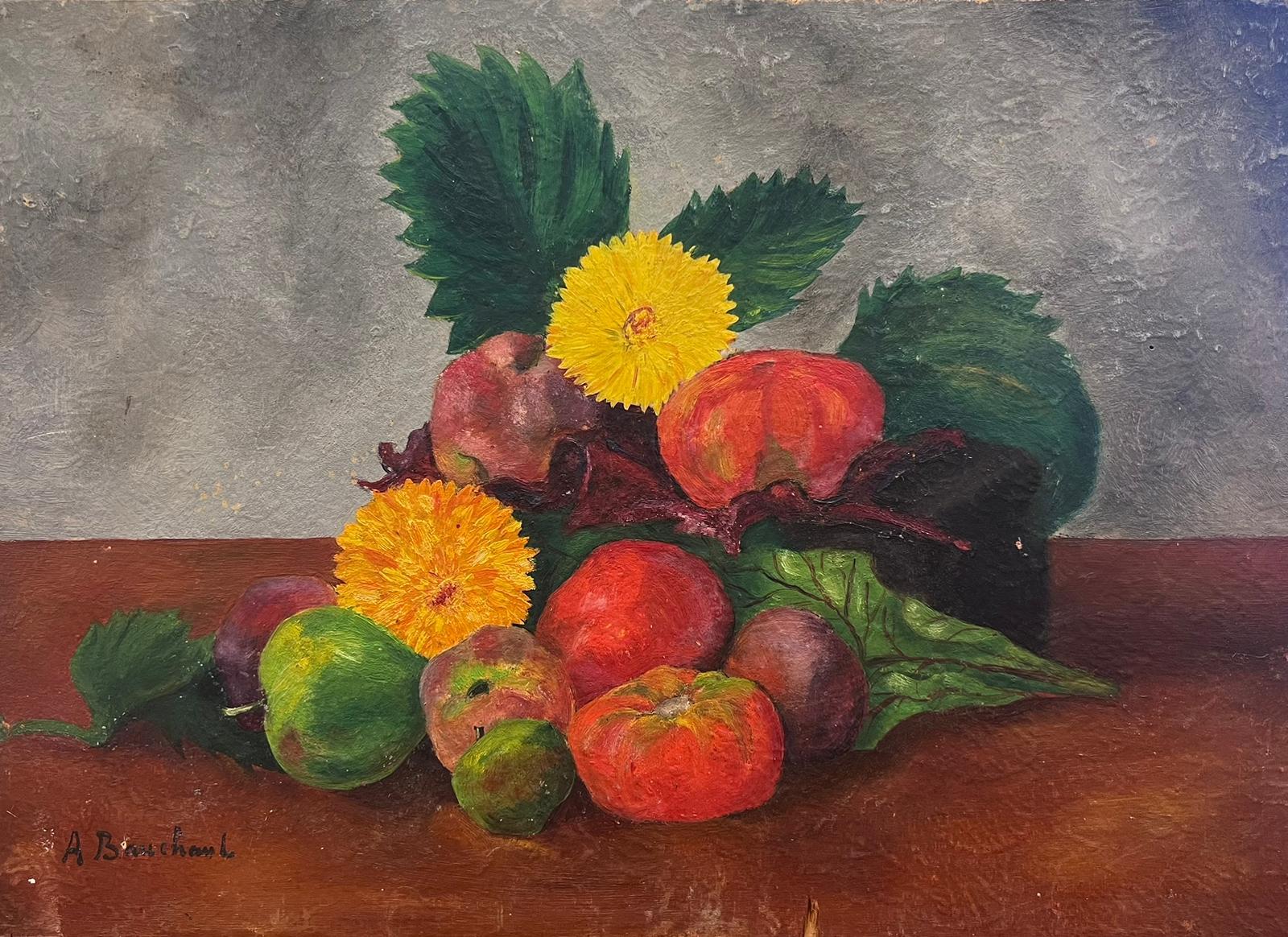French School Still-Life Painting - Vintage French Signed Oil Painting Flowers & Fruit Still Life 
