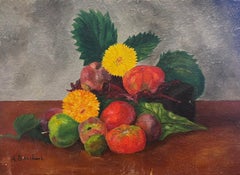 Vintage French Signed Oil Painting Flowers & Fruit Still Life 