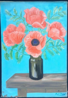 Vintage French Signed Oil Painting Red Poppies in Vase
