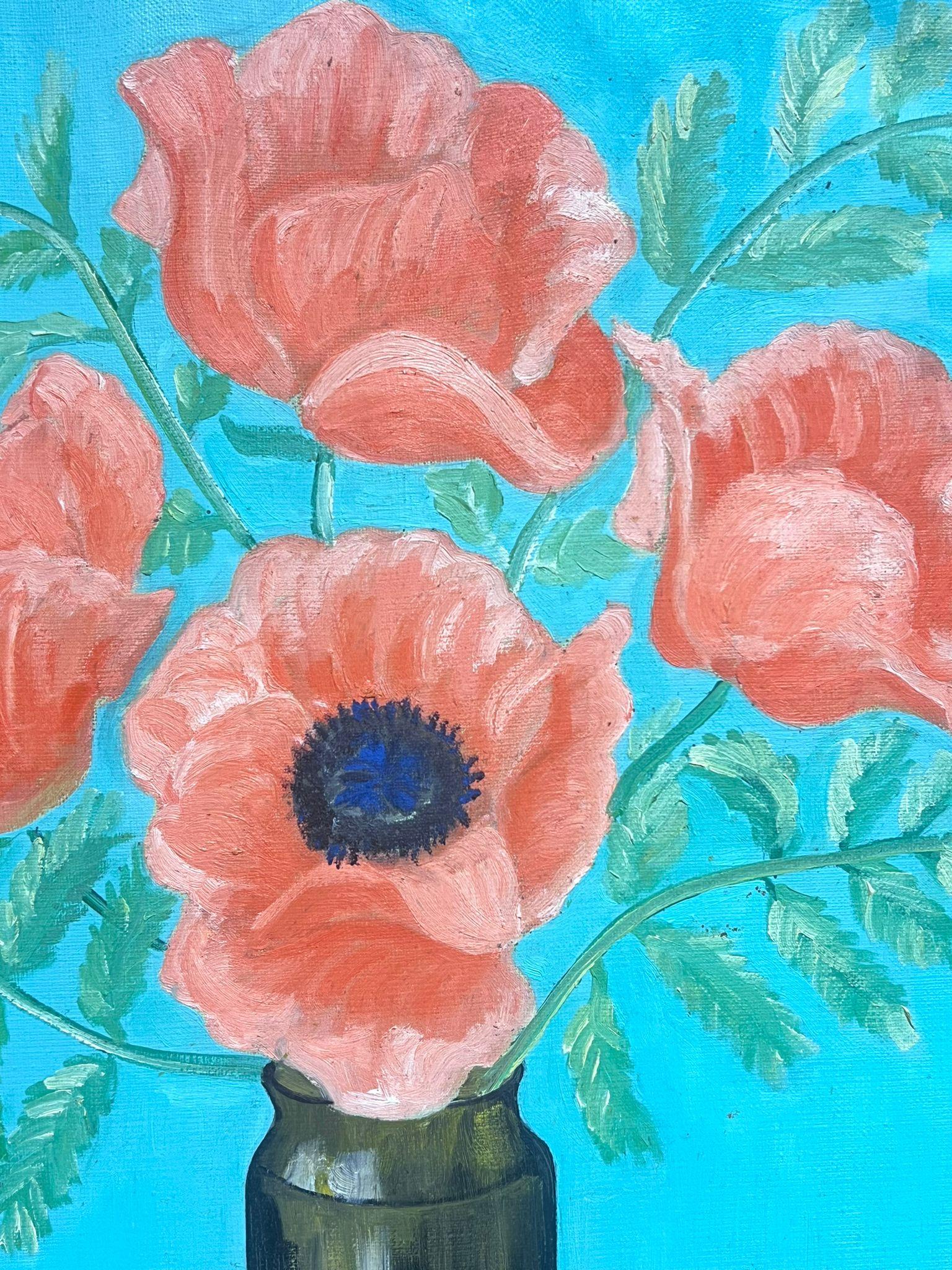 Vintage French Signed Oil Painting Red Poppies in Vase - Blue Interior Painting by French School