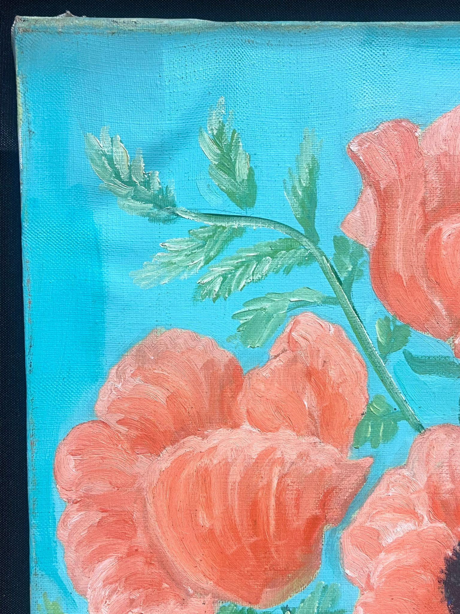 Peinture à l'huile vintage française signée Coquelicots rouges dans un vase en vente 2