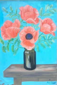 Peinture à l'huile vintage française signée Coquelicots rouges dans un vase