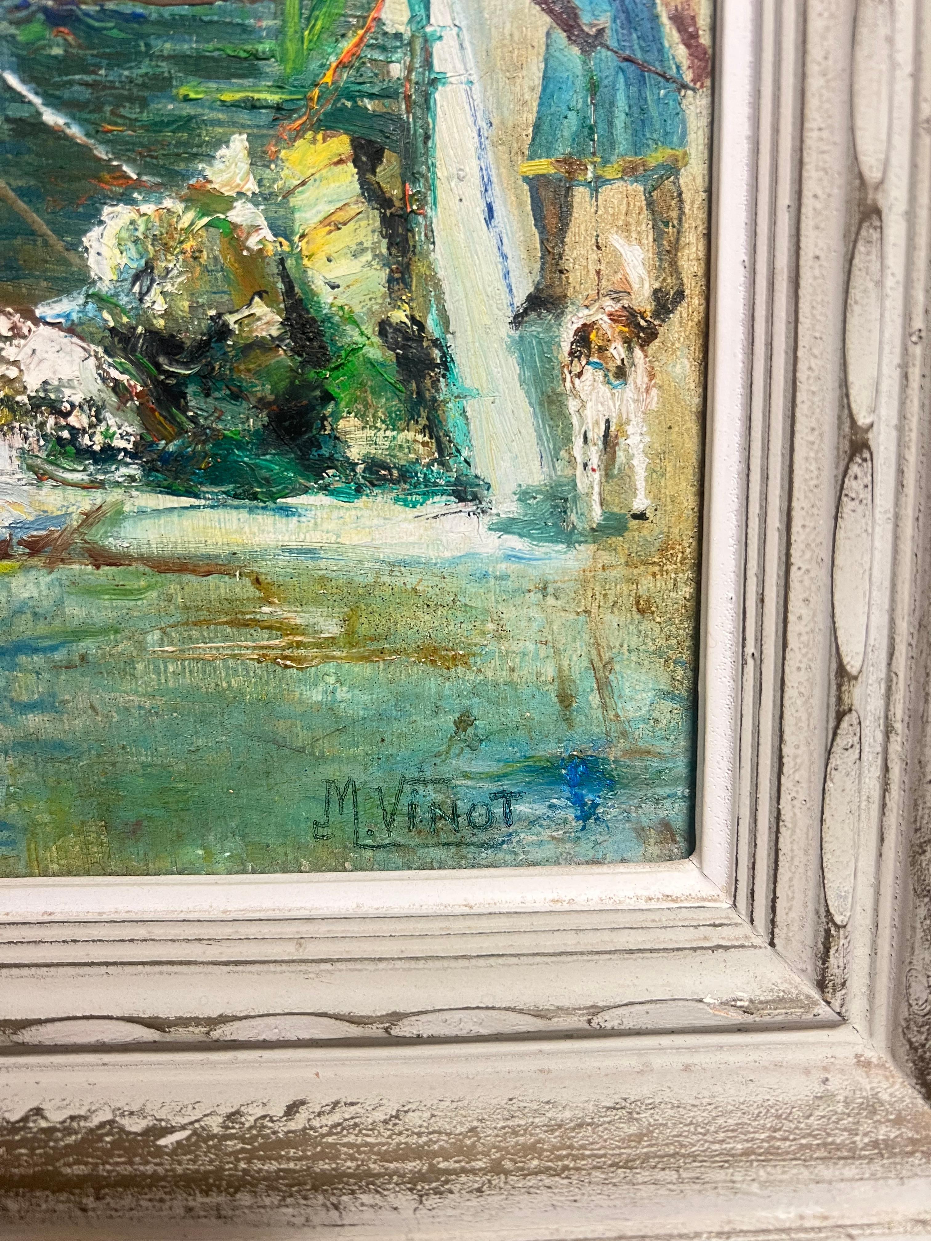 Vintage Mid 20th Century French Oil Painting Nice Old Port Harbor Busy Scene For Sale 7