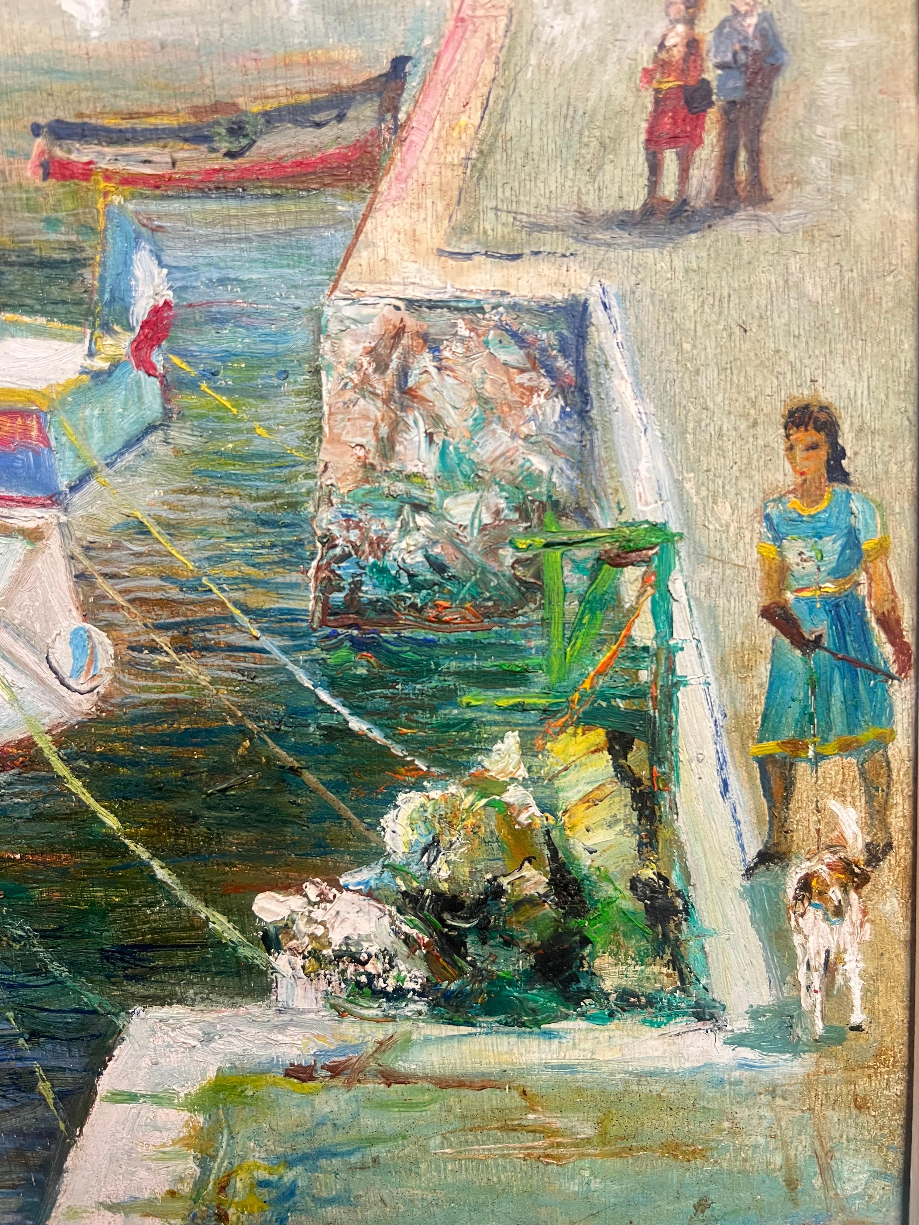 Vintage Mid 20th Century French Oil Painting Nice Old Port Harbor Busy Scene For Sale 8