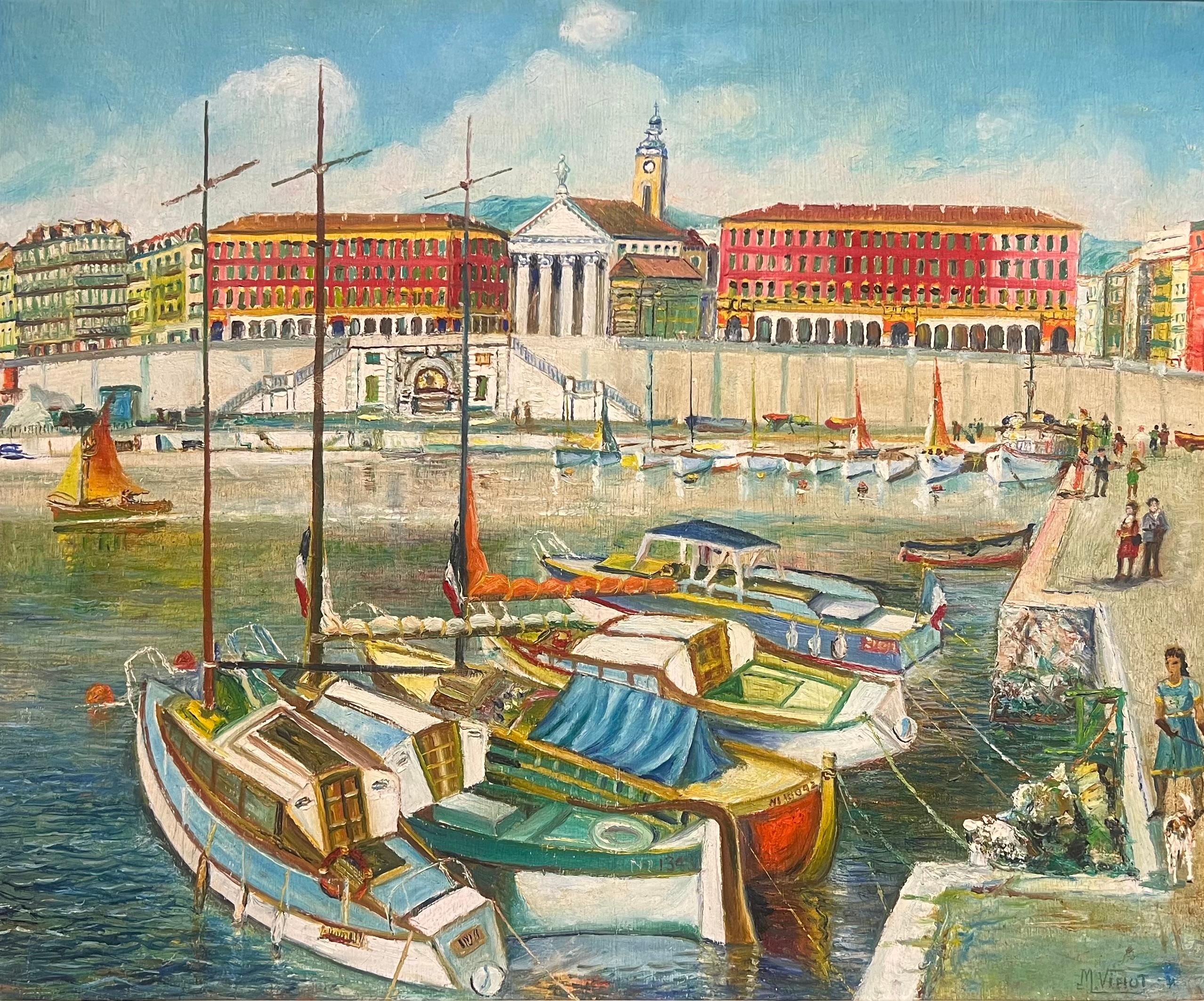 Vintage Mid 20th Century French Oil Painting Nice Old Port Harbor Busy Scene - Brown Landscape Painting by French School
