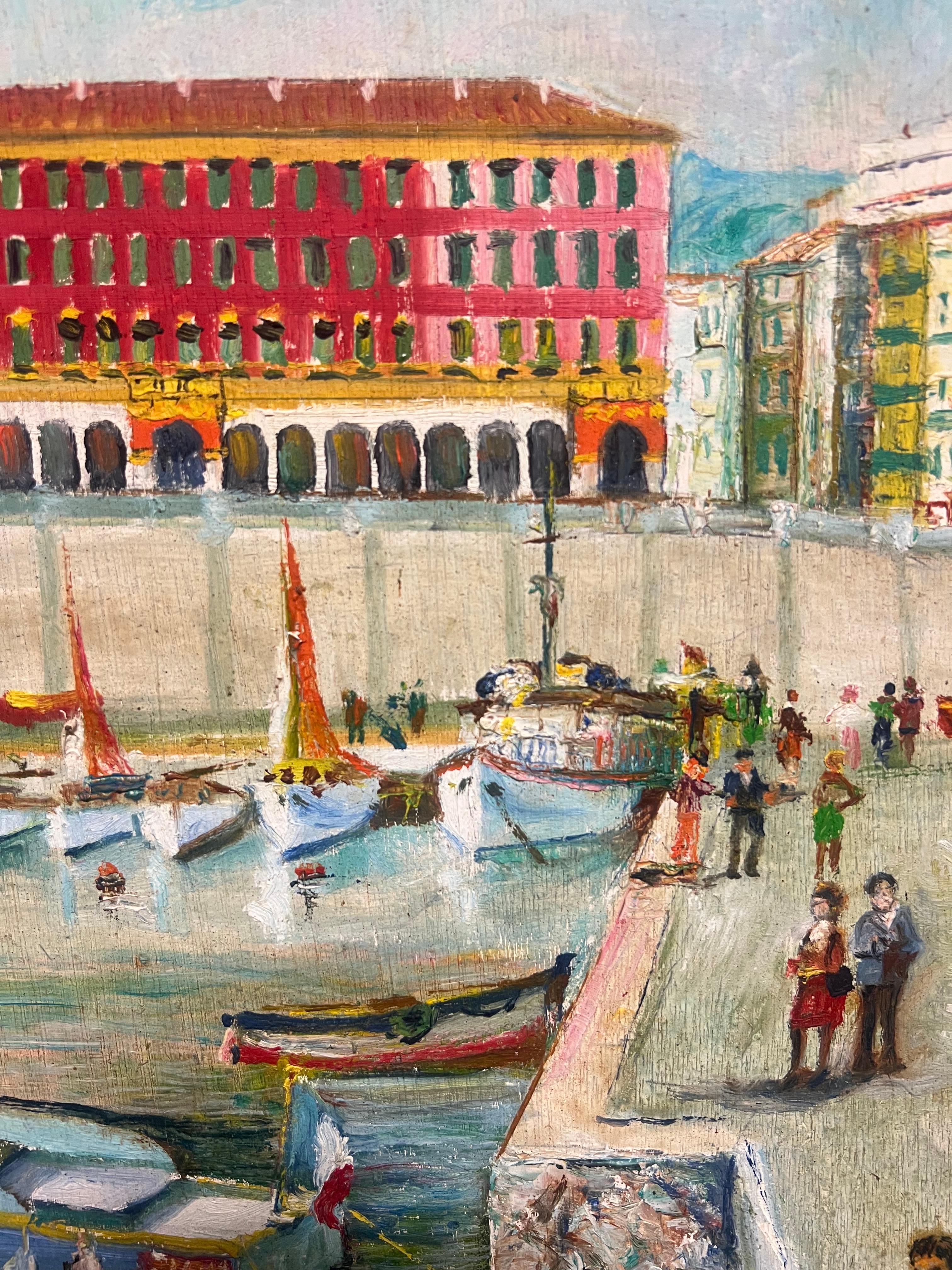 Nice Port
French School, mid 20th century
indistinctly signed 
oil on board, framed in original period frame
Framed: 24 x 28 inches
Board : 20 x 25 inches
Provenance: private collection, Nice
Condition: the frame has a small area of loss but