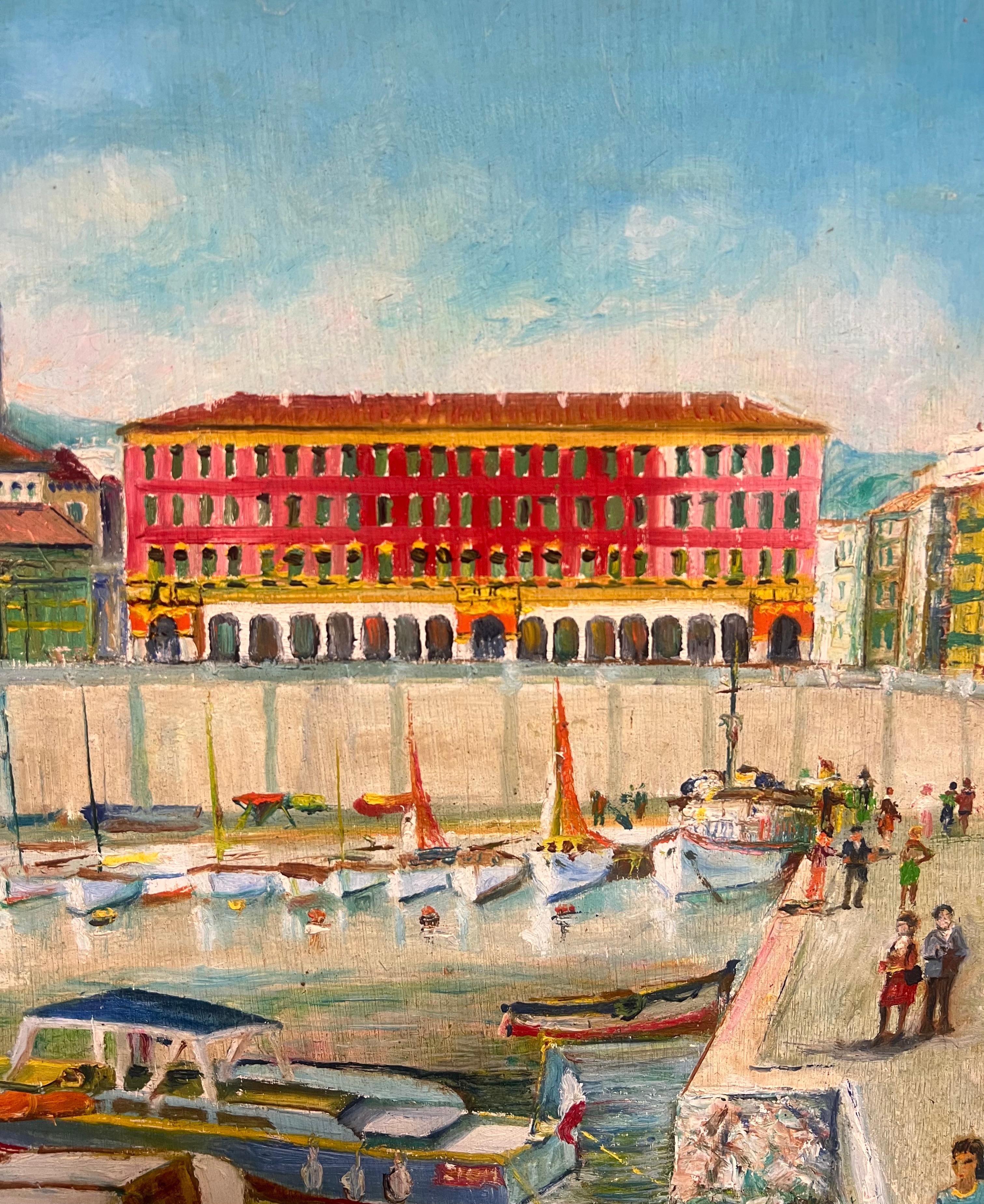 Vintage Mid 20th Century French Oil Painting Nice Old Port Harbor Busy Scene For Sale 1