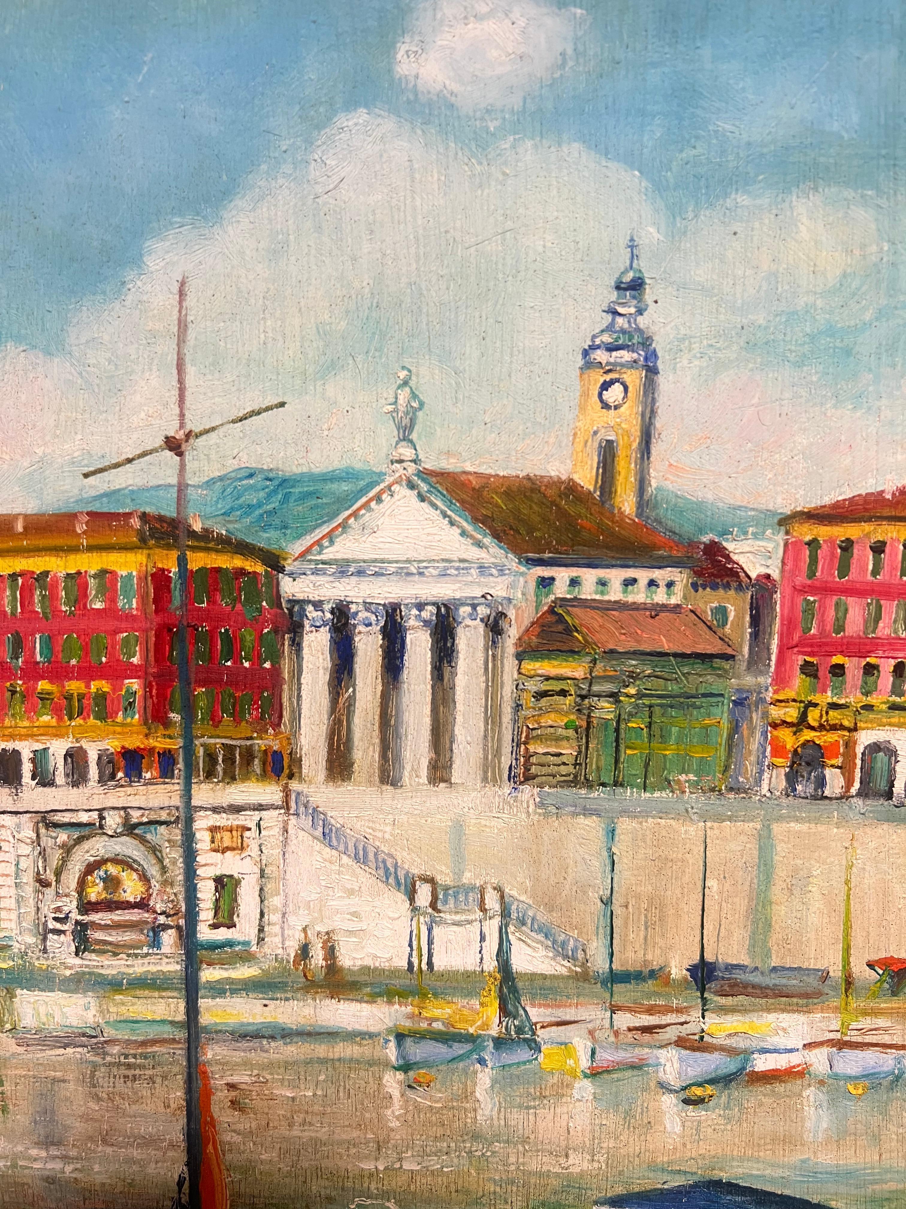 Vintage Mid 20th Century French Oil Painting Nice Old Port Harbor Busy Scene For Sale 2