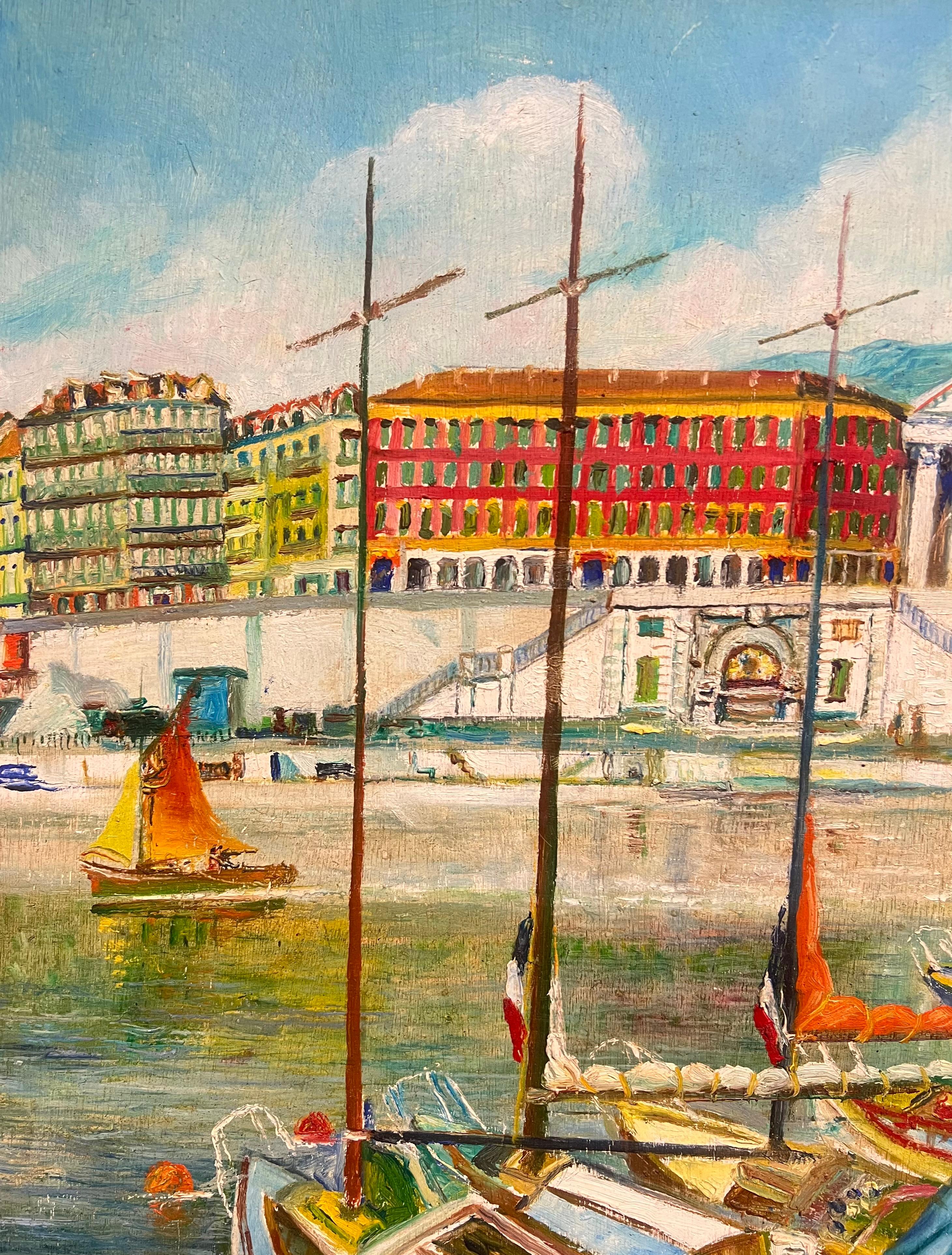 Vintage Mid 20th Century French Oil Painting Nice Old Port Harbor Busy Scene For Sale 4
