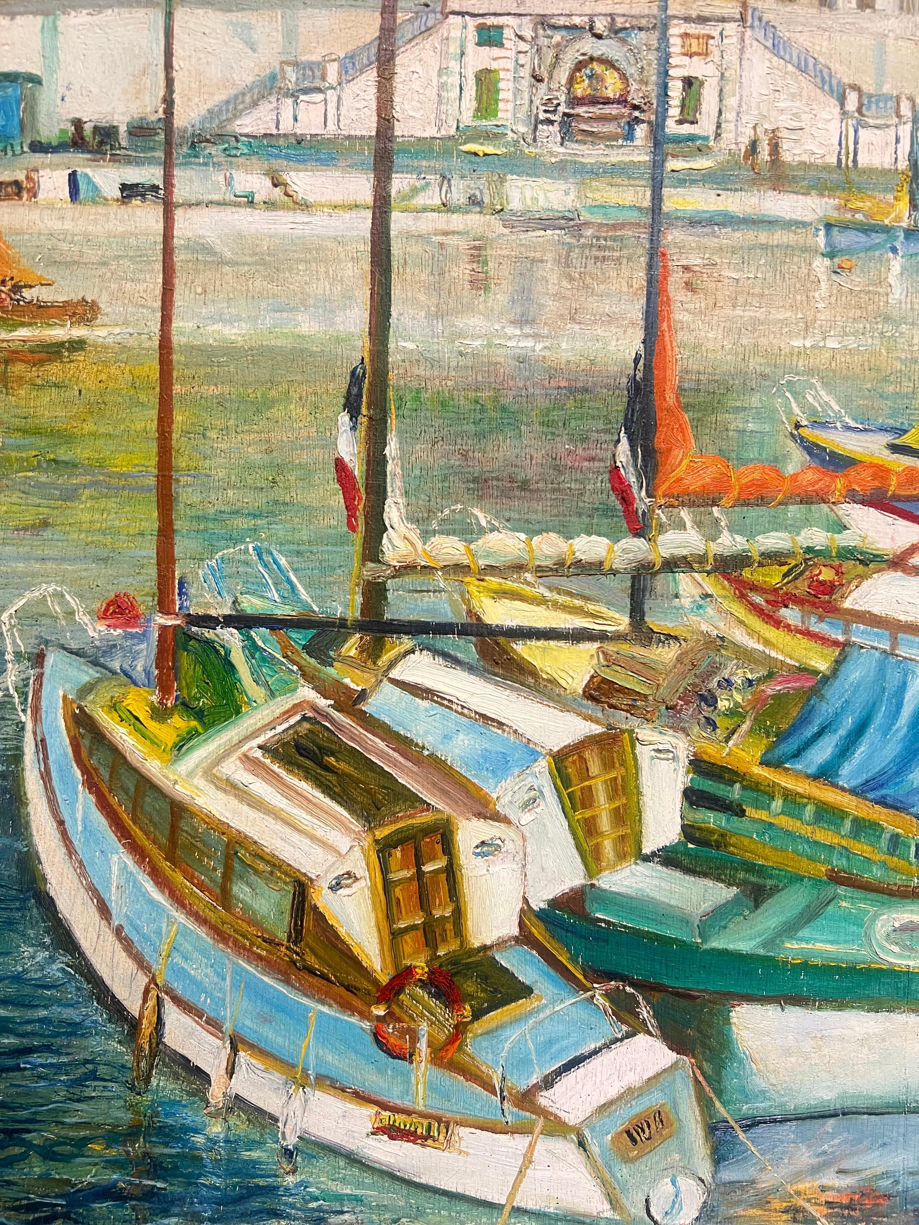 Vintage Mid 20th Century French Oil Painting Nice Old Port Harbor Busy Scene For Sale 5