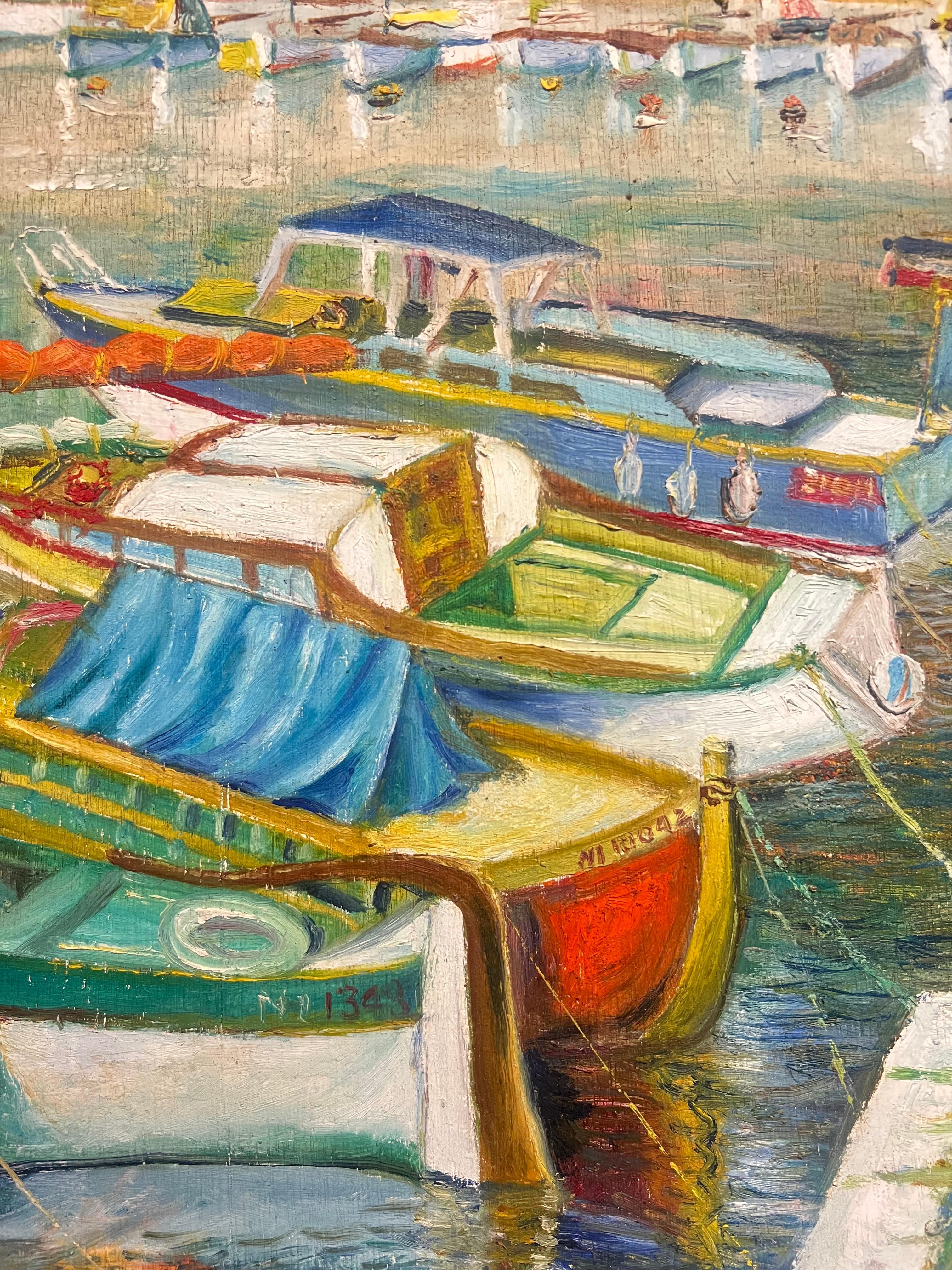 Vintage Mid 20th Century French Oil Painting Nice Old Port Harbor Busy Scene For Sale 6